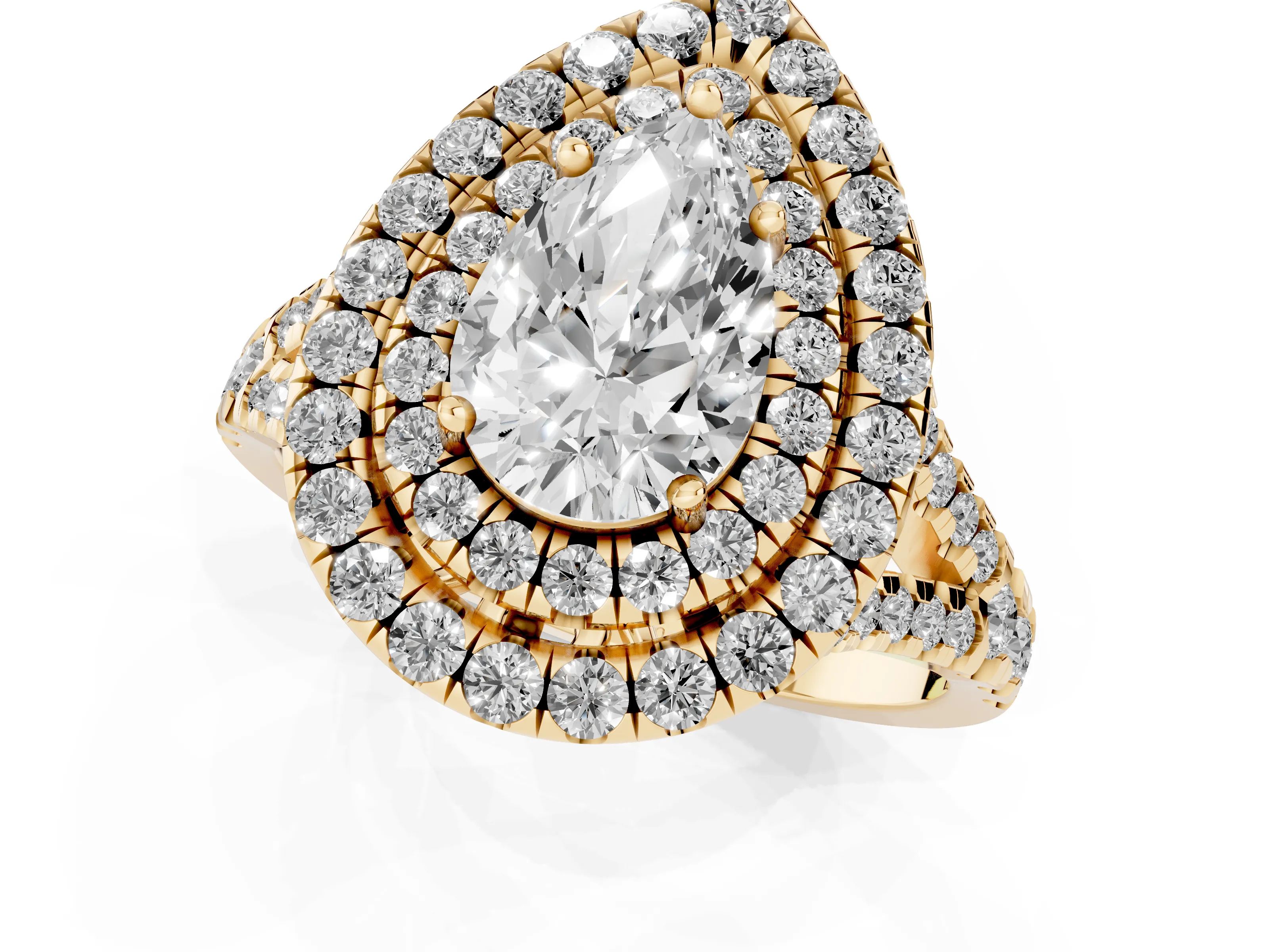 Pear Cut Diamond Double Halo Ring Set in Yellow gold with Pavé Split Shank and Prong Setting