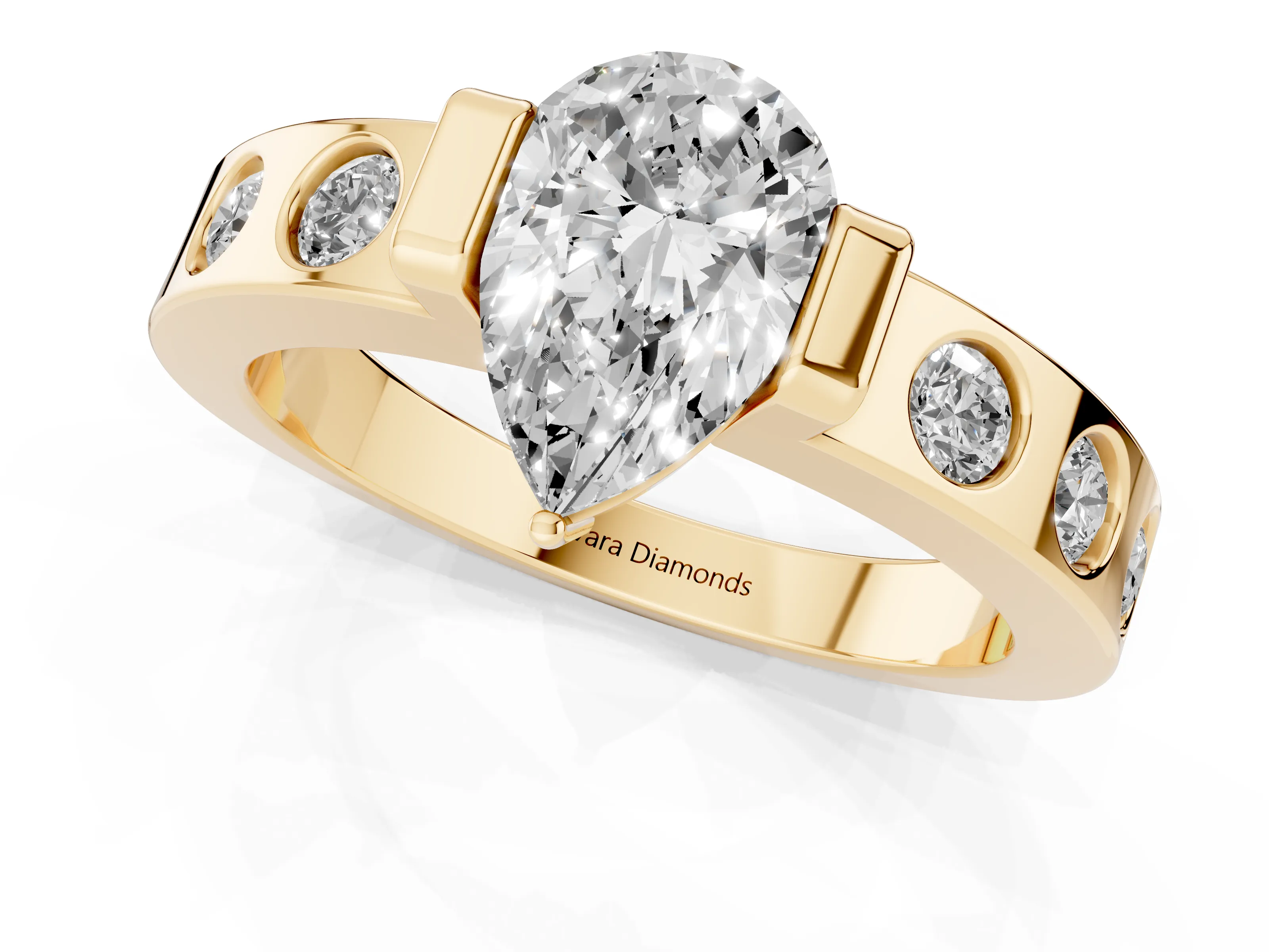 Pear Cut Diamond Channel-Set Band Ring Set in Yellow gold with Bezel Prong Setting