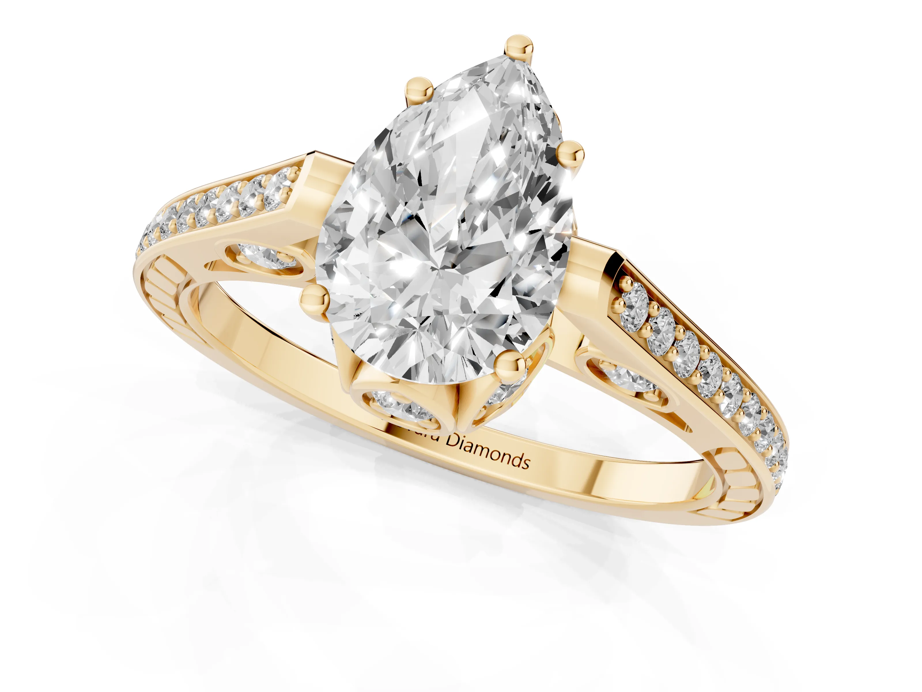 Pear Cut Diamond Cathedral Pavé Engagement Ring Set in Yellow gold with Prong Setting