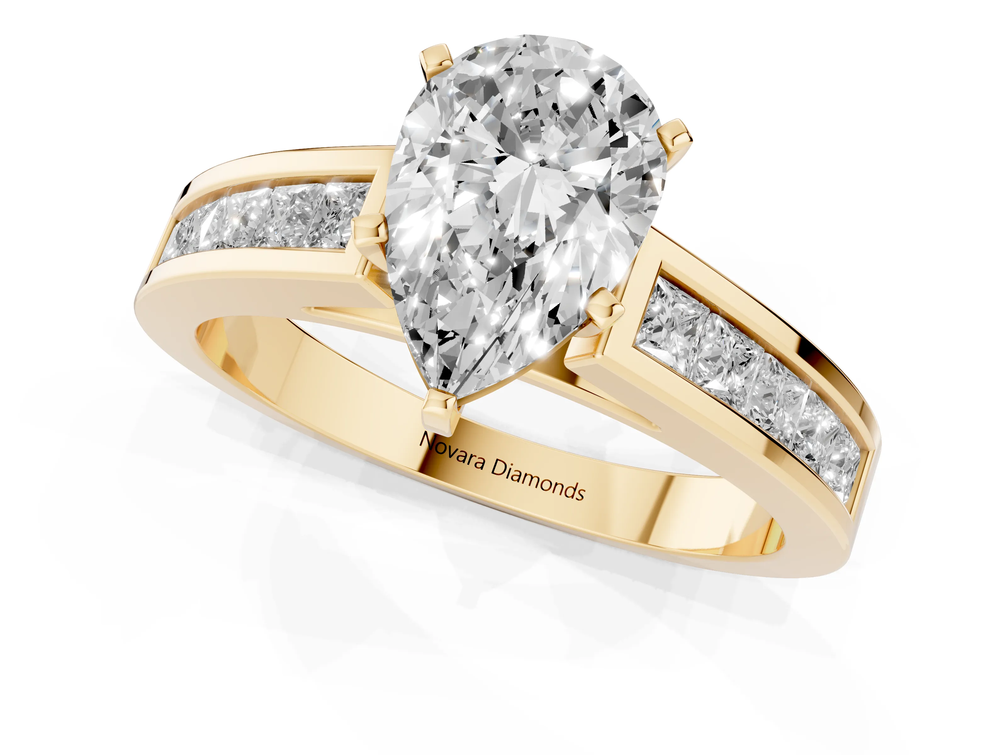 Pear Cut Diamond Solitaire Ring Set in Yellow gold with Channel-Set Band and Prong Setting – second view