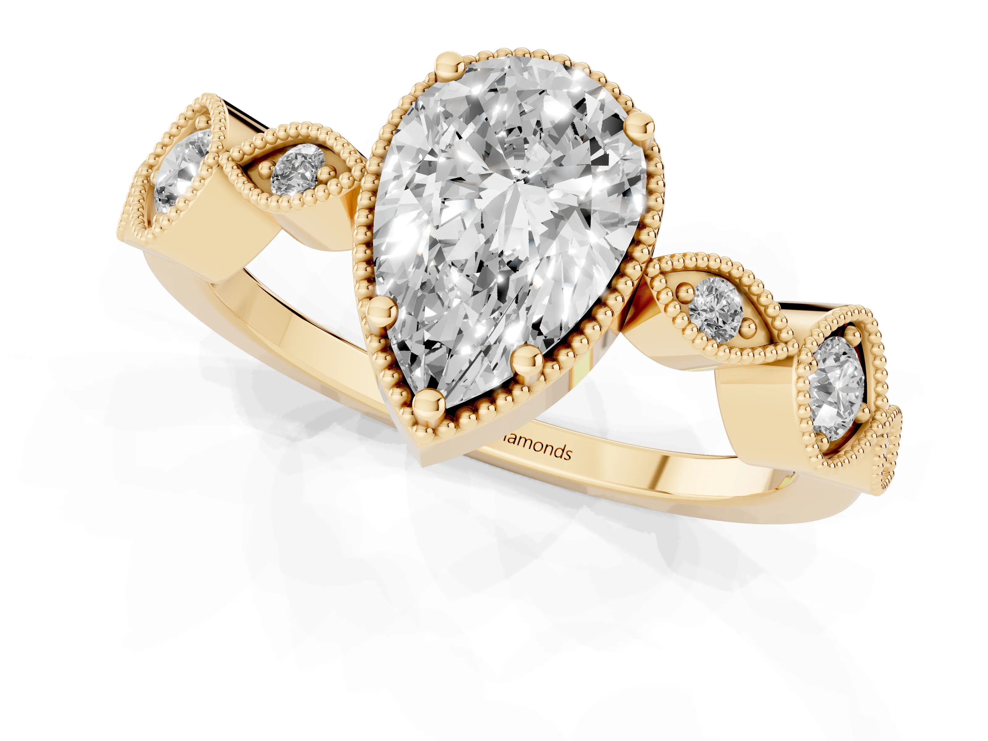 Pear Cut Diamond Vintage-Inspired Milgrain Ring Set in Yellow gold with Marquise Stations of Round Accents