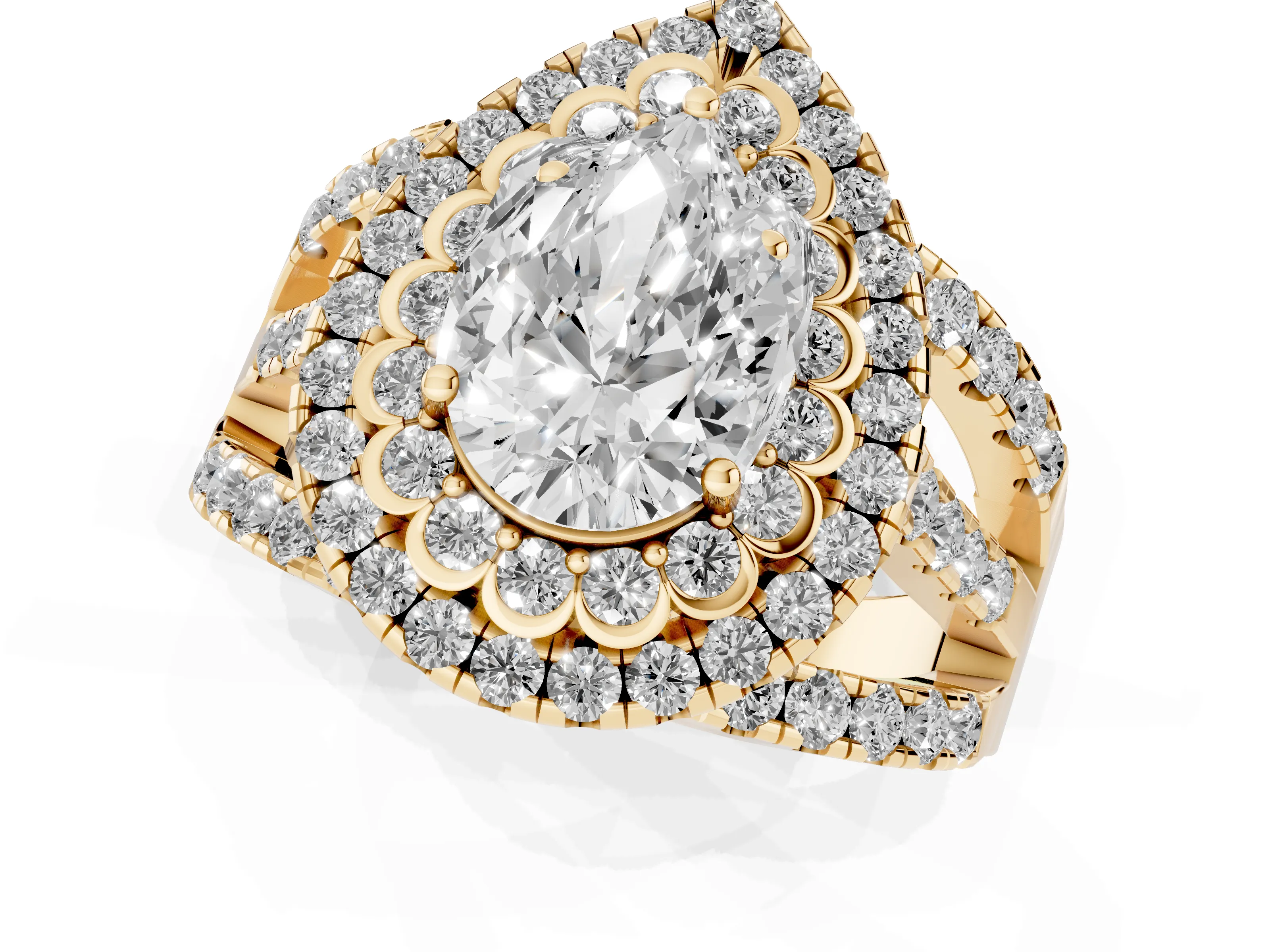 Pear Cut Diamond Double Halo Ring Set in Yellow gold with Round Pavé Split Shank