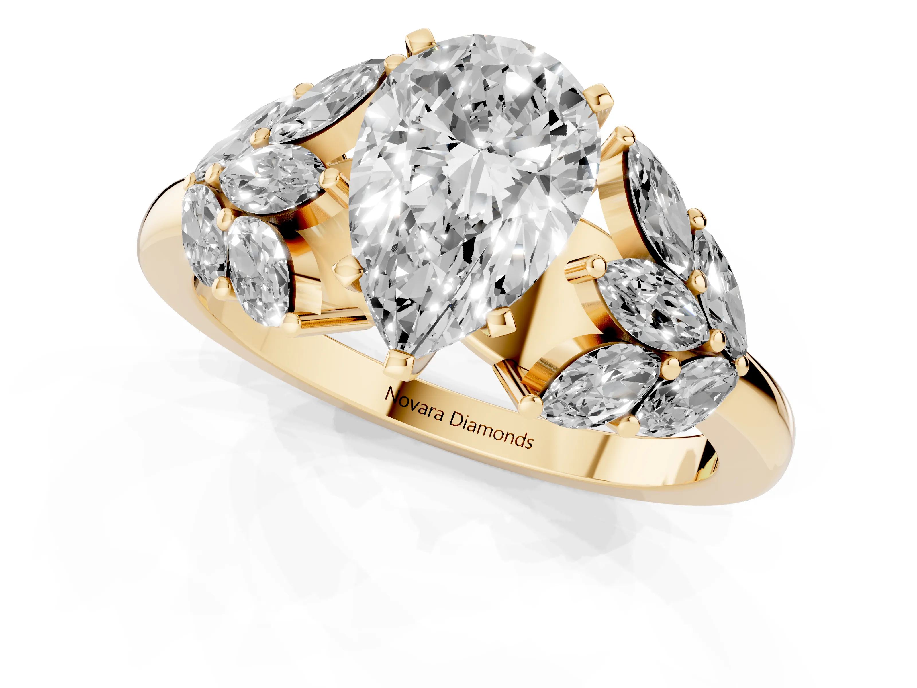 Pear Cut Diamond Cluster Leaf Design Ring Set in Yellow gold with Prong Setting