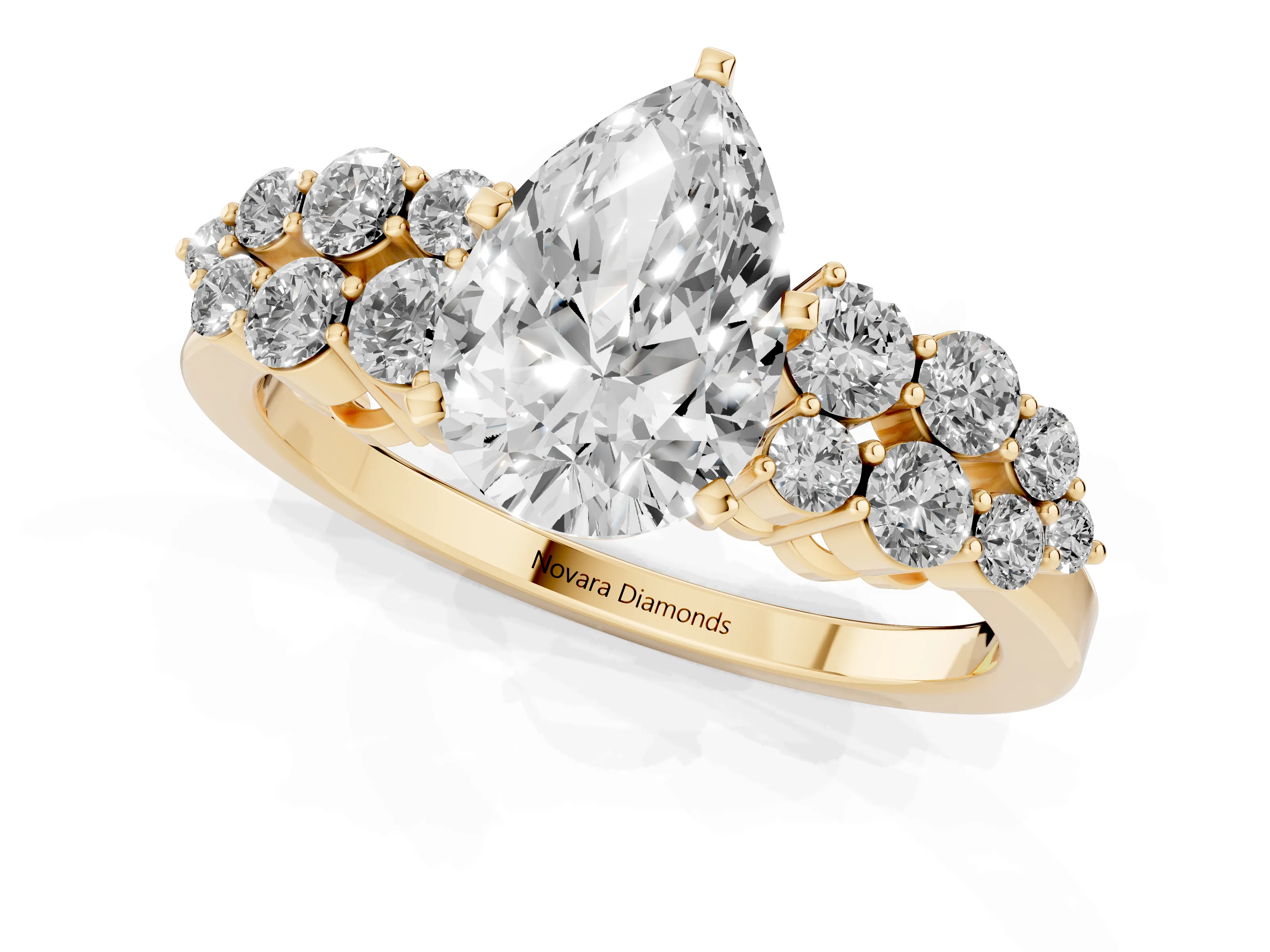 Pear Cut Diamond Cluster Engagement Ring Set in Yellow gold with Pavé Band and Prong Setting