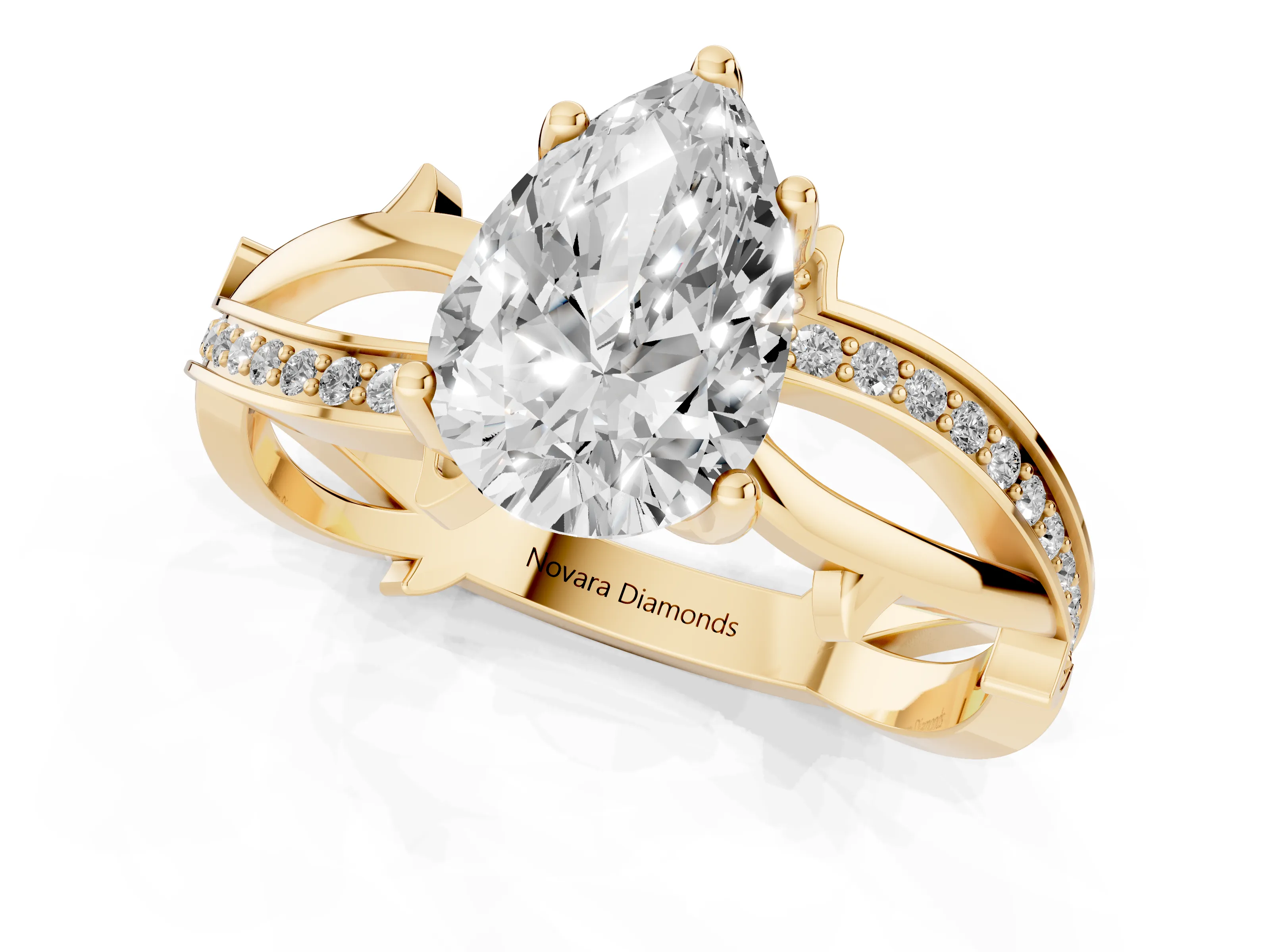 Pear Cut Diamond Pavé Twist Band Solitaire Ring Set in Yellow gold with Prong Setting