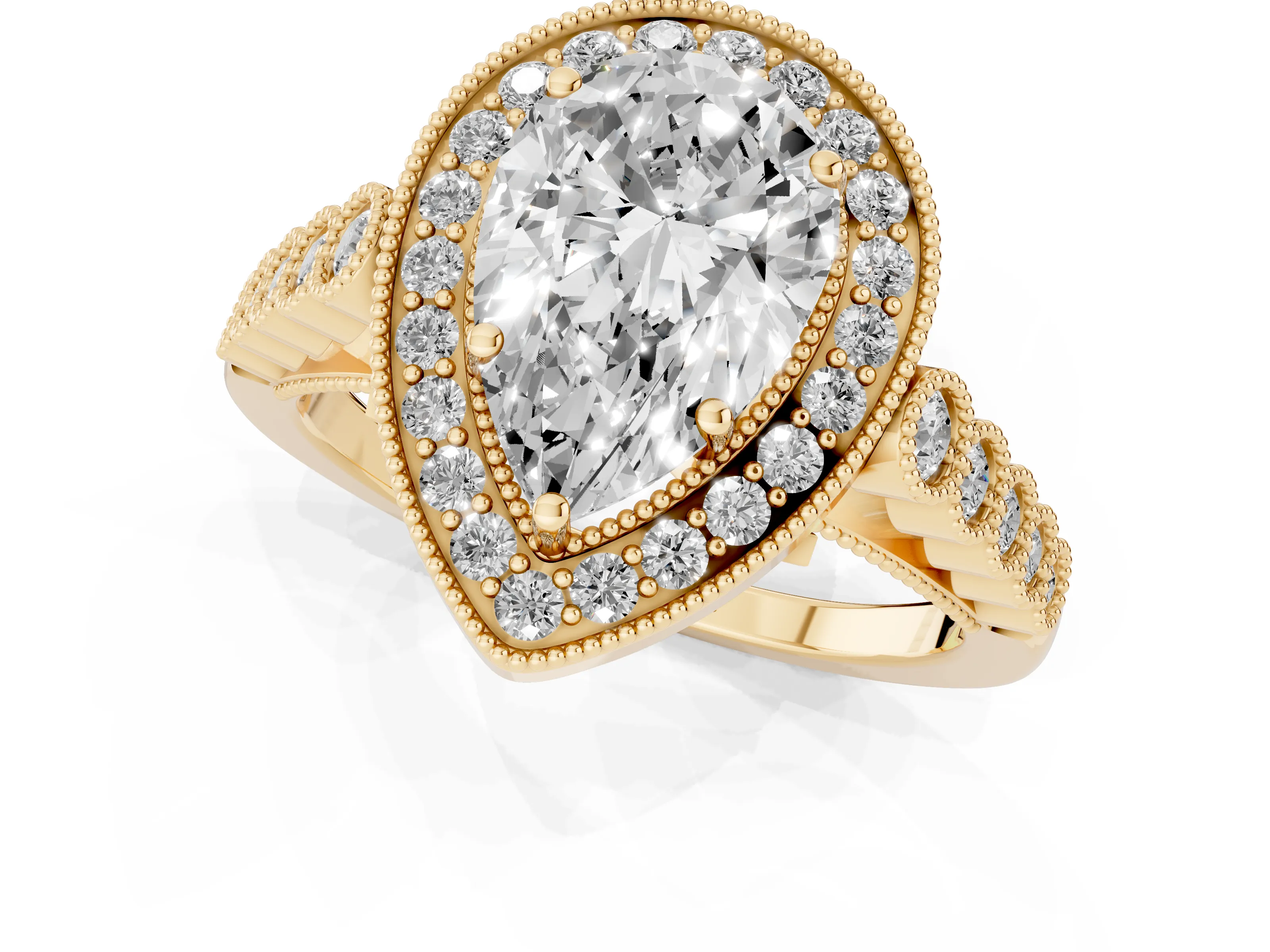 Pear Cut Diamond Milgrain Halo Solitaire Ring Set in Yellow gold with Bezel Set Side Stones and Pavé Band