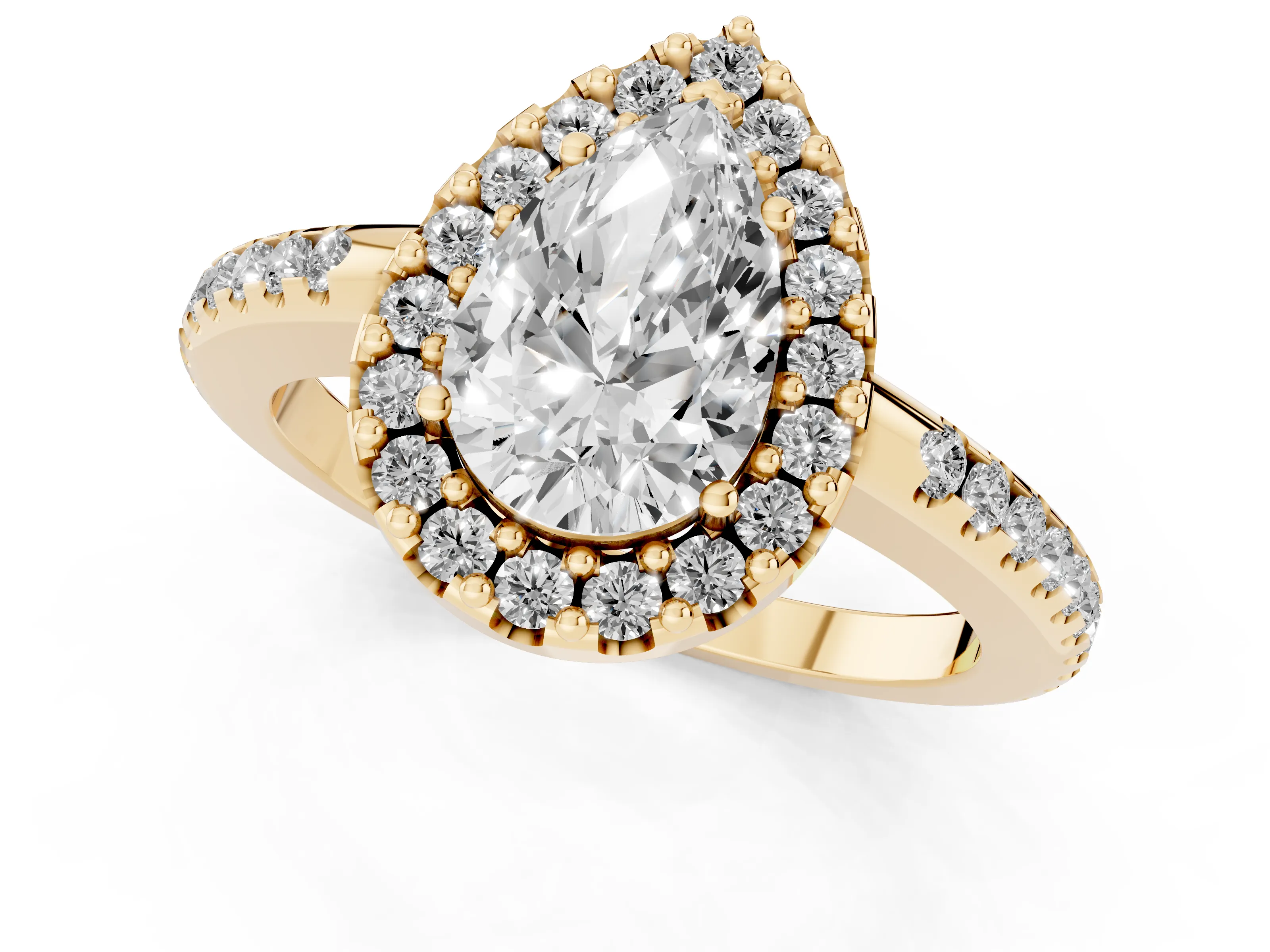 Pear Cut Diamond Pavé Halo Ring Set in Yellow gold with Prong Setting