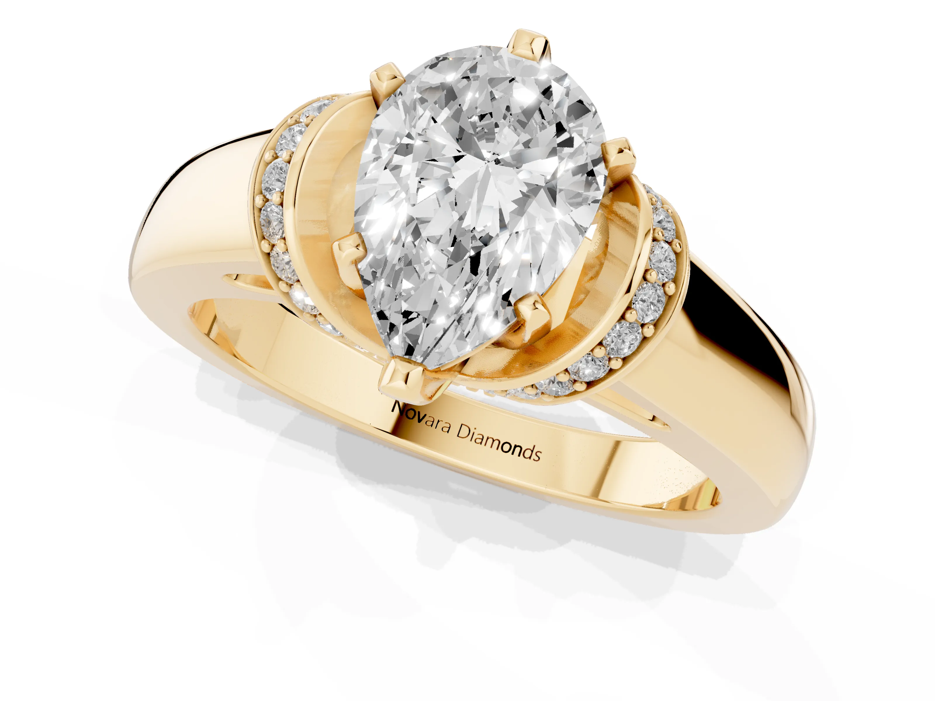 Pear Cut Diamond Pavé Band Solitaire Ring Set in Yellow gold with Prong Setting