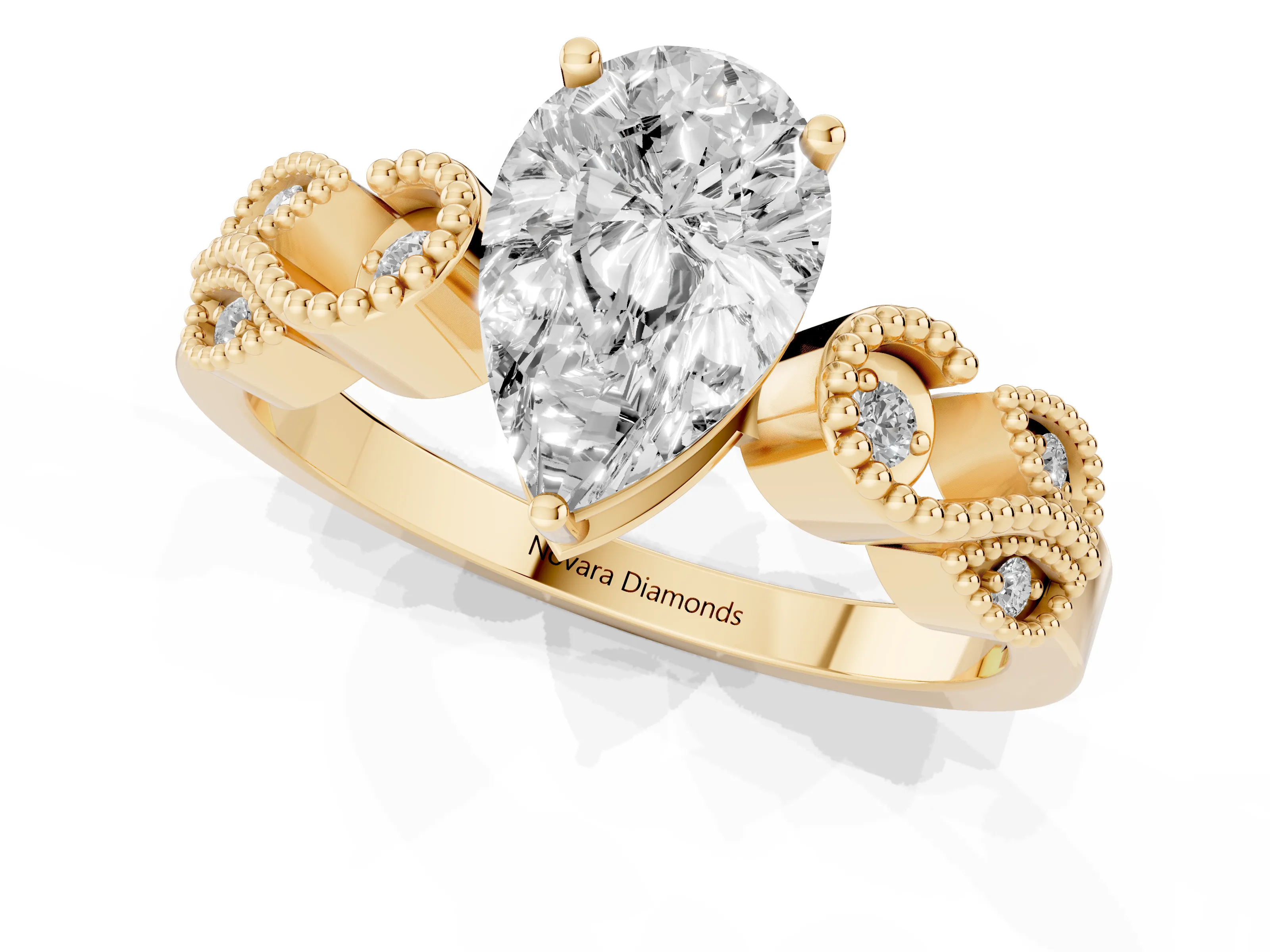 Pear Cut Diamond Milgrain Leaf Band Solitaire Ring Set in Yellow gold with Accent Stones and Prong Setting