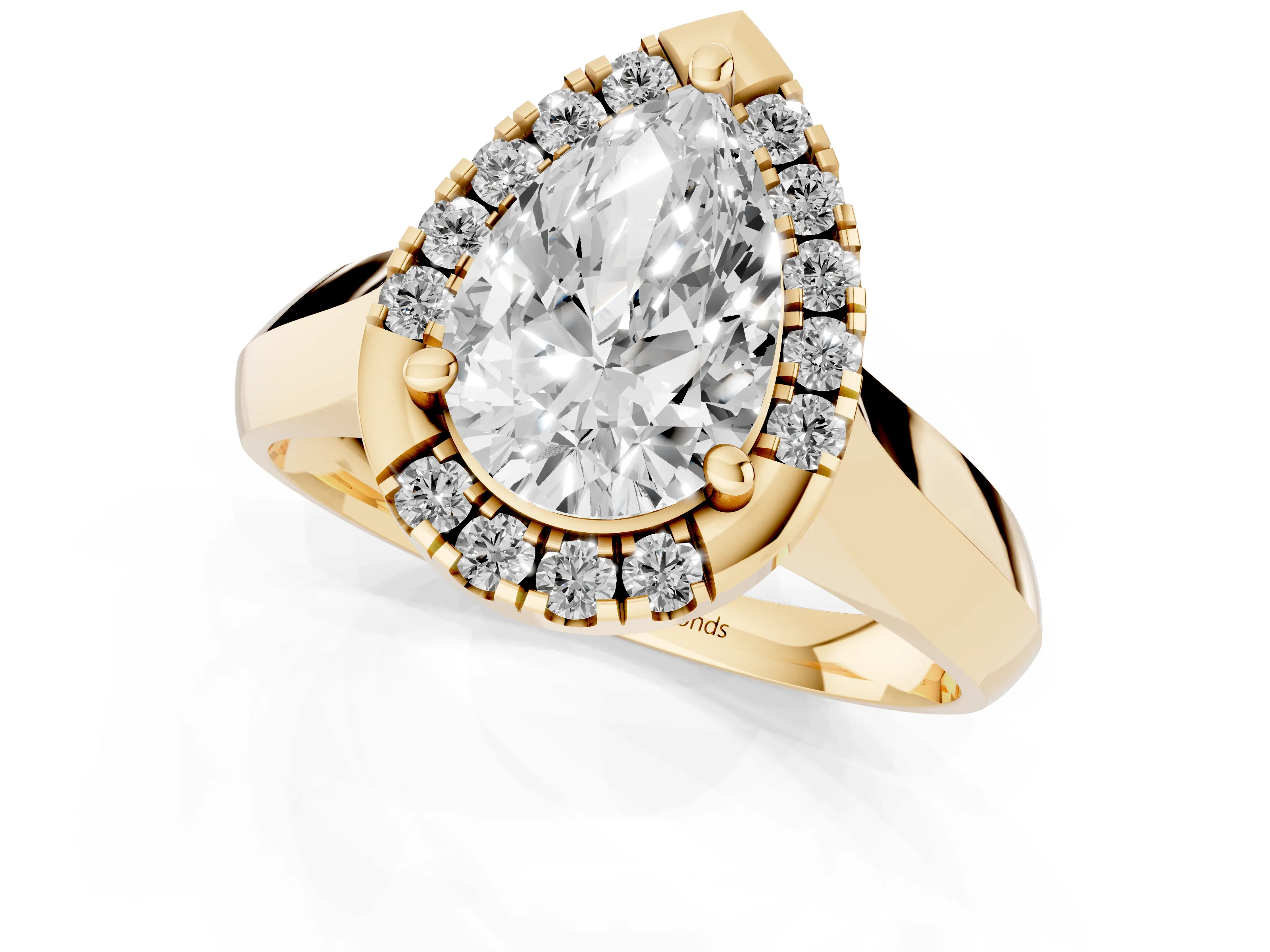 Pear Cut Diamond Halo Solitaire Engagement Ring Set in Yellow gold with Square Band and Prong Setting