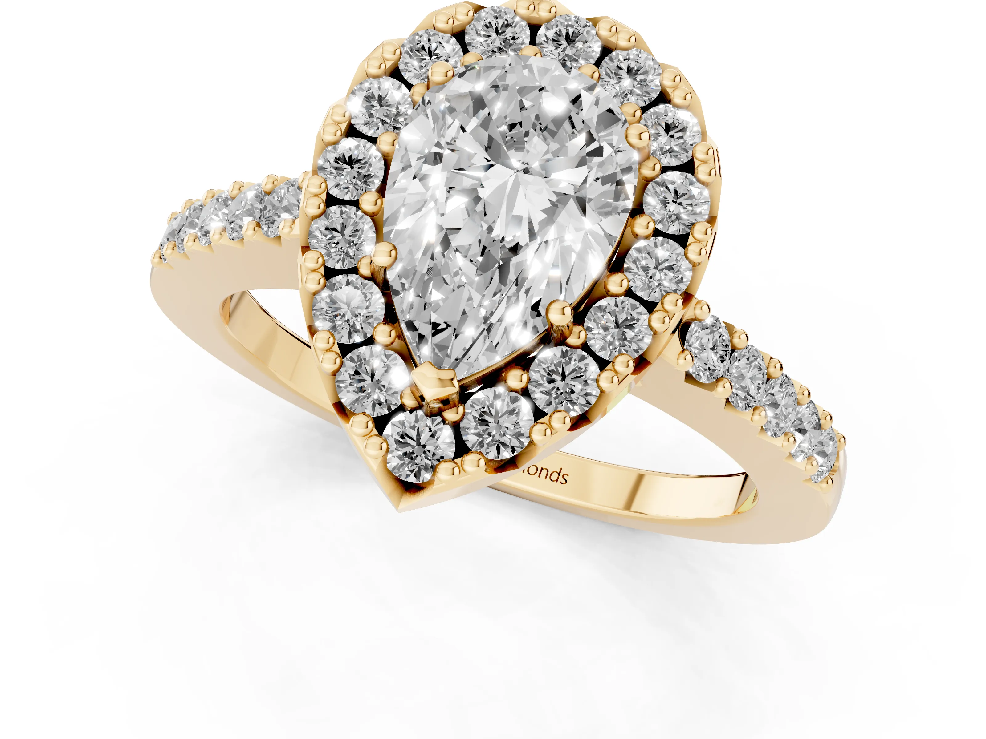 Pear Cut Diamond Halo Pavé Solitaire Ring Set in Yellow gold with Prong-Set Center Stone