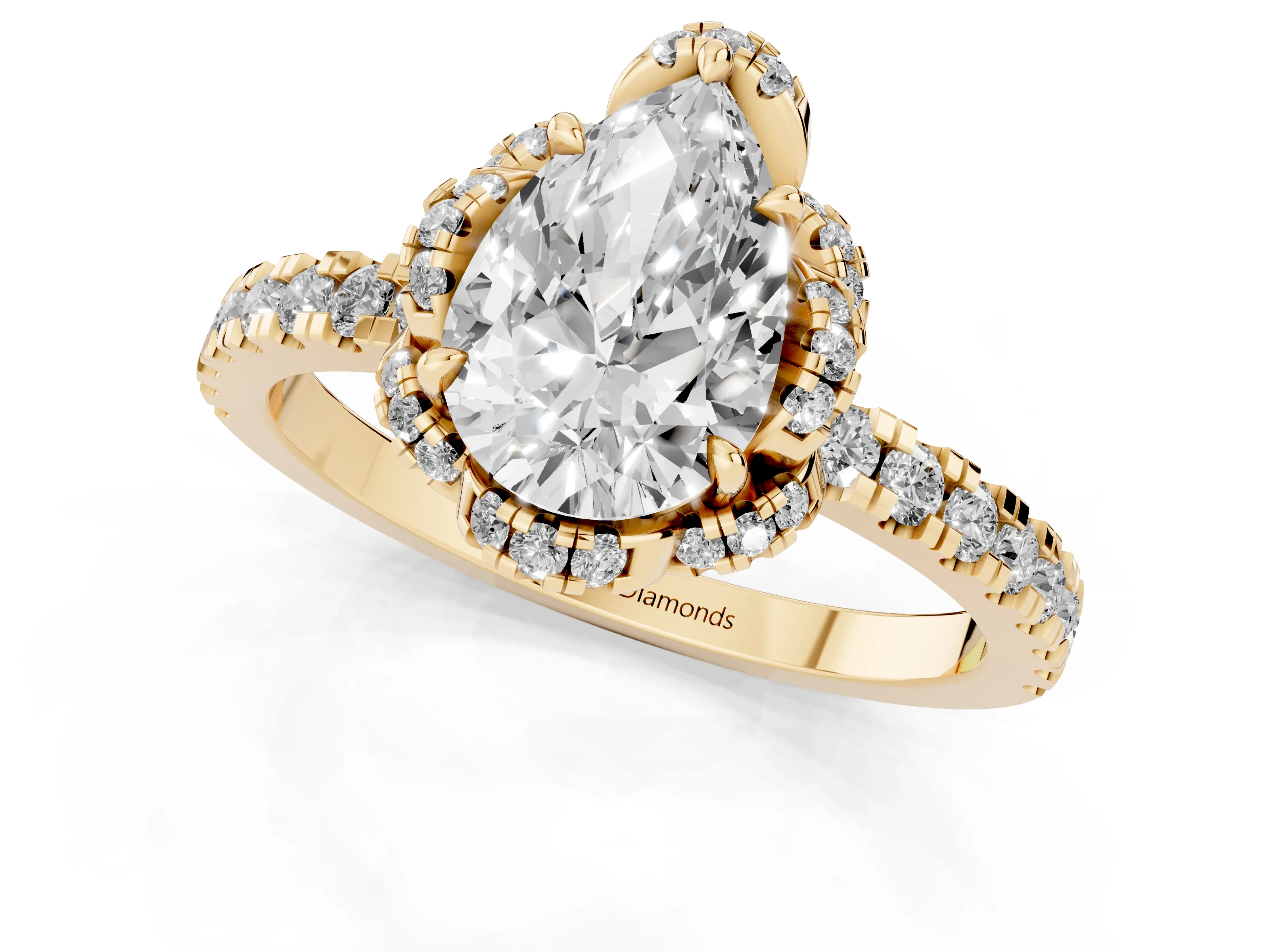 Pear Cut Diamond Halo Pavé Band Ring Set in Yellow gold with Prong-Held Center