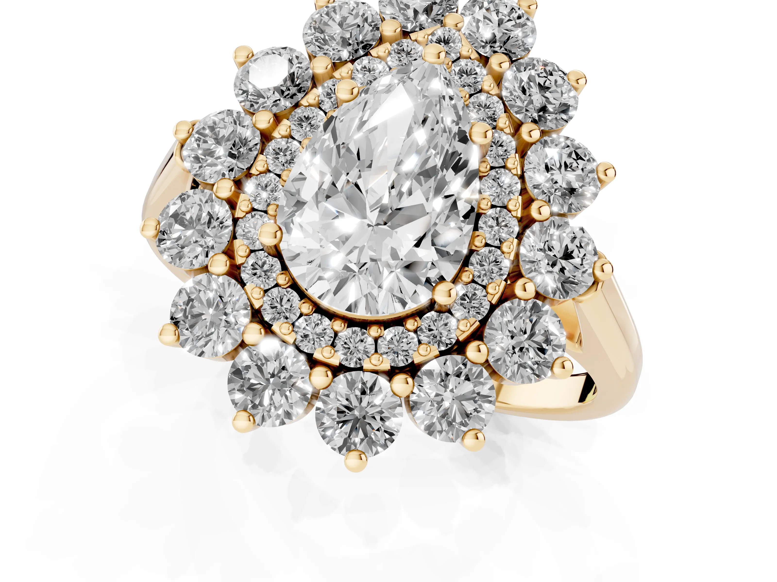 Pear Cut Diamond Floral Double Halo Ring Set in Yellow gold with Round Petals