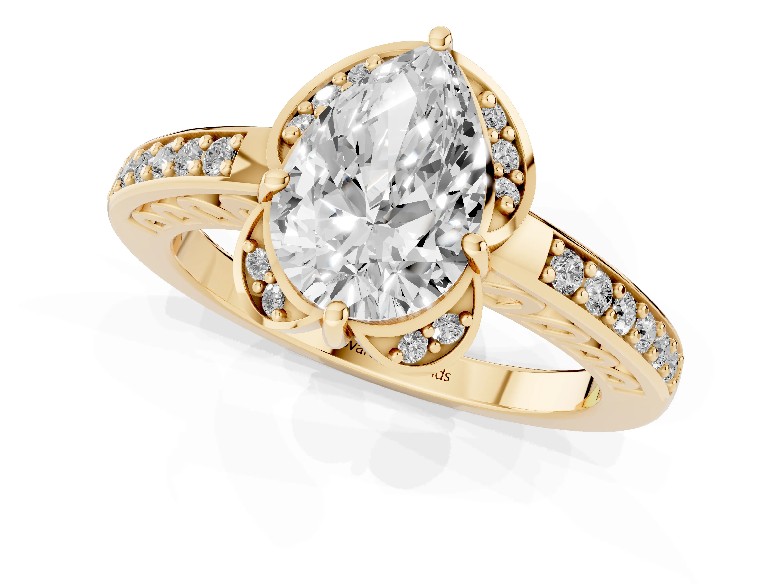 Pear Cut Diamond Halo Ring Set in Yellow gold with Channel Set Band and Prong Setting