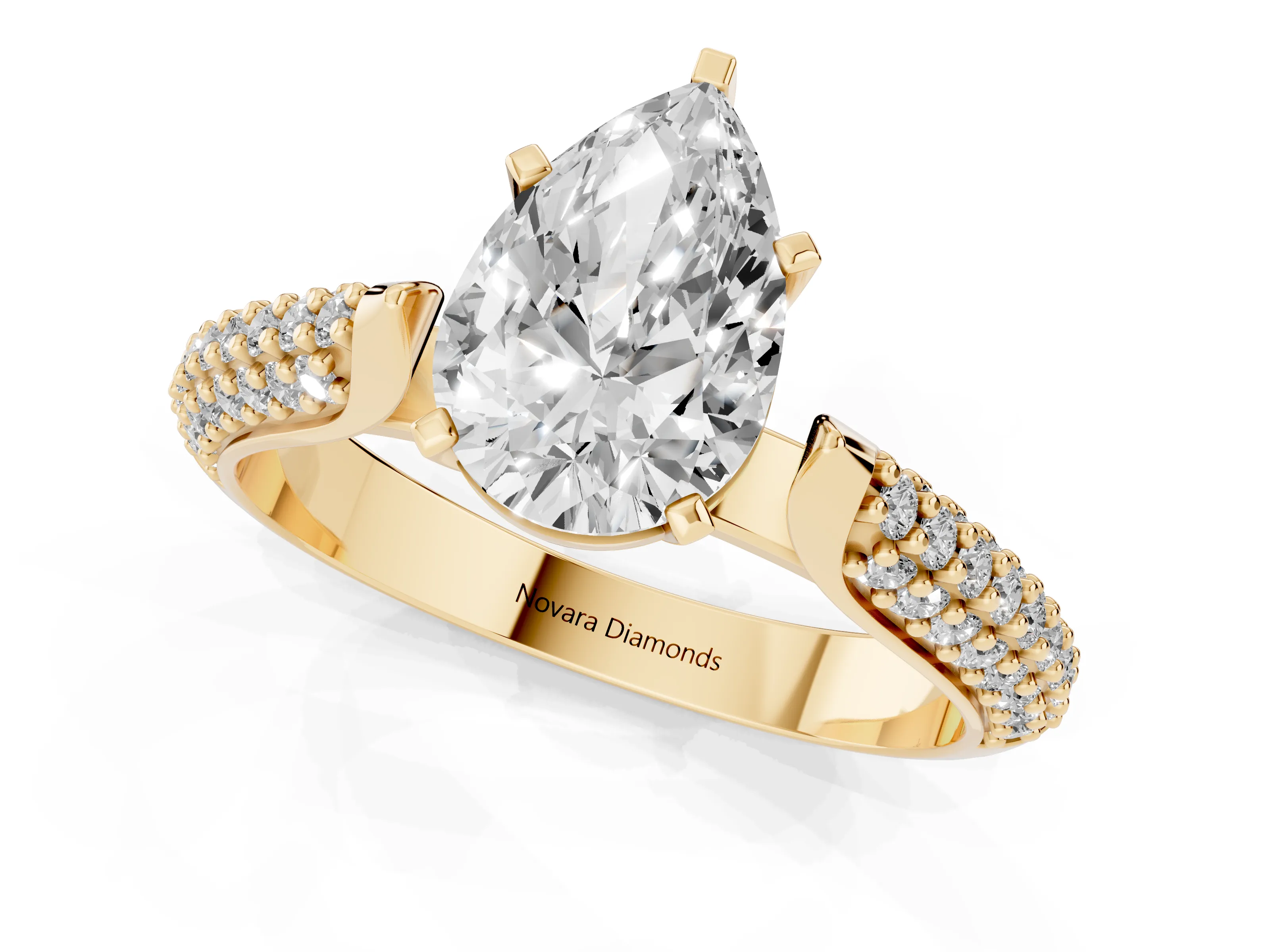 Pear Cut Diamond Solitaire Engagement Ring Set in Yellow gold with Multi-Row Round Pavé Band and Prong Setting