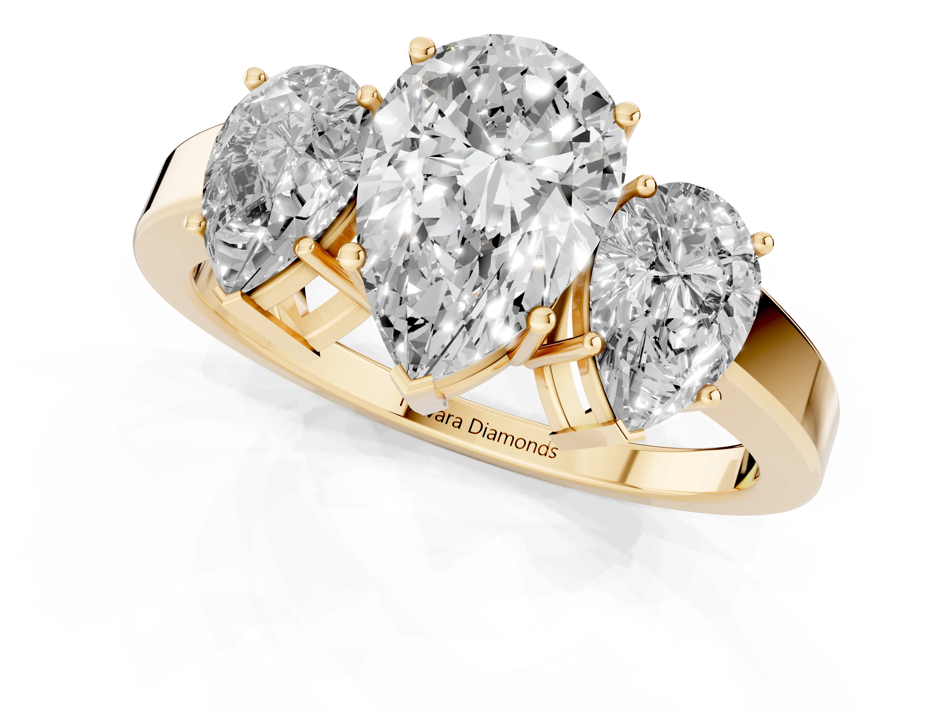 Pear Cut Diamond Three-Stone Engagement Ring Set in Yellow gold with Flat Band