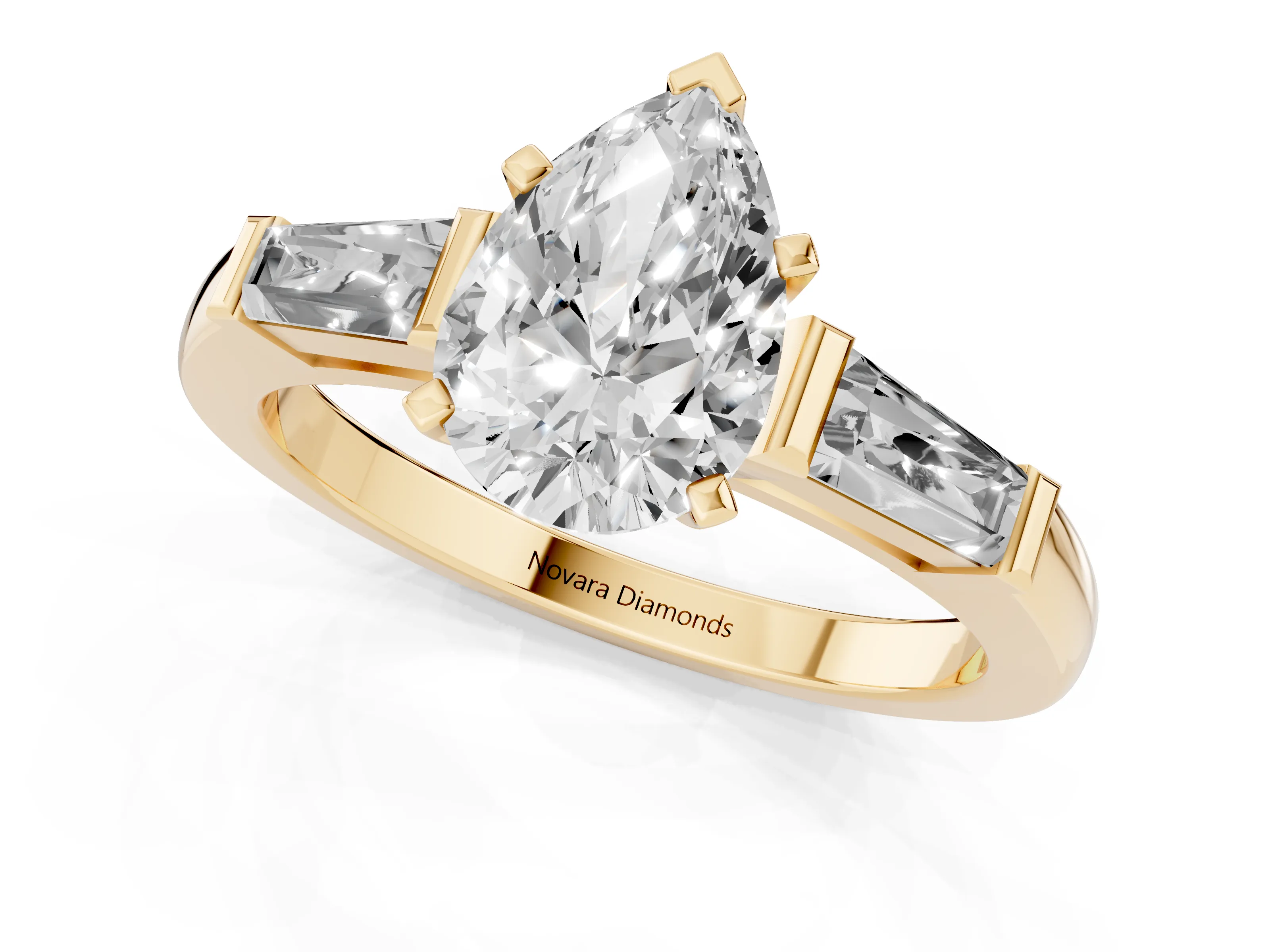 Pear Cut Diamond Solitaire Ring Set in Yellow gold with Tapered Baguette Side Stones and Prong Setting – second view