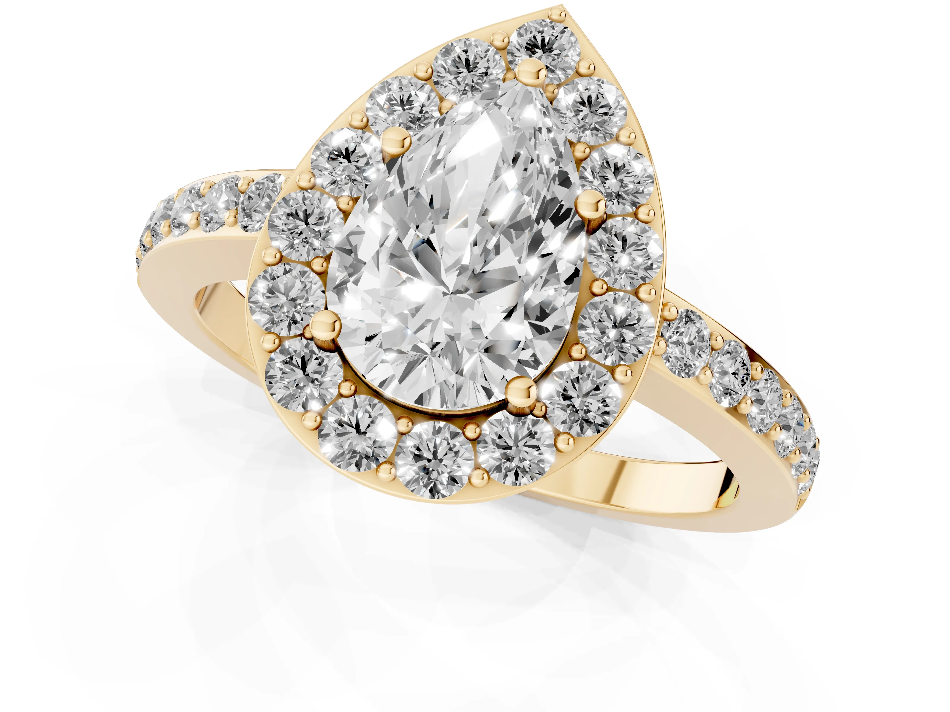 Pear Cut Diamond Halo Ring Set in Yellow gold with Pavé-Setting Band and Open Prong Center