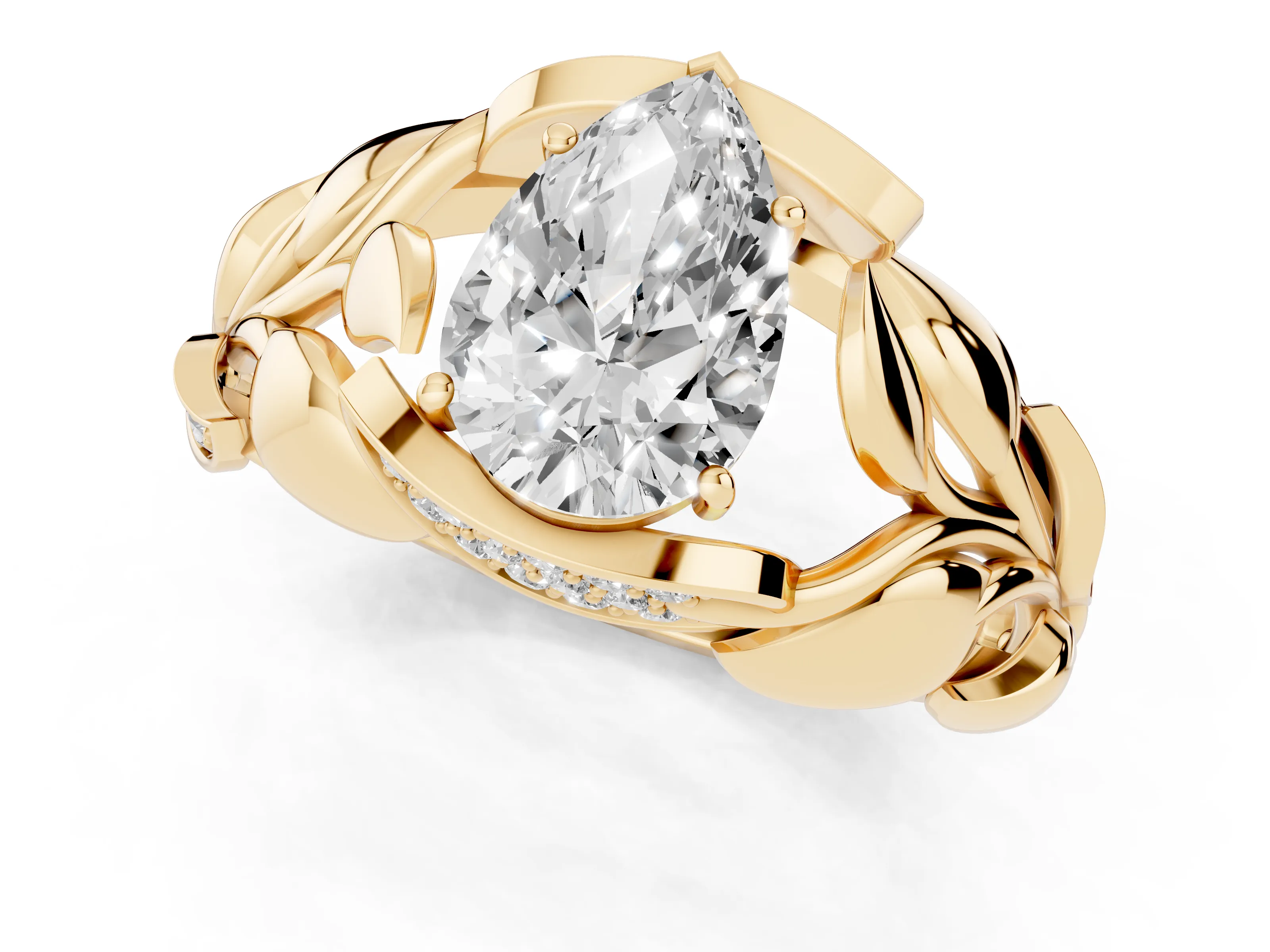 Pear Cut Diamond Leaf-Inspired Engagement Ring Set in Yellow gold with Round Accents