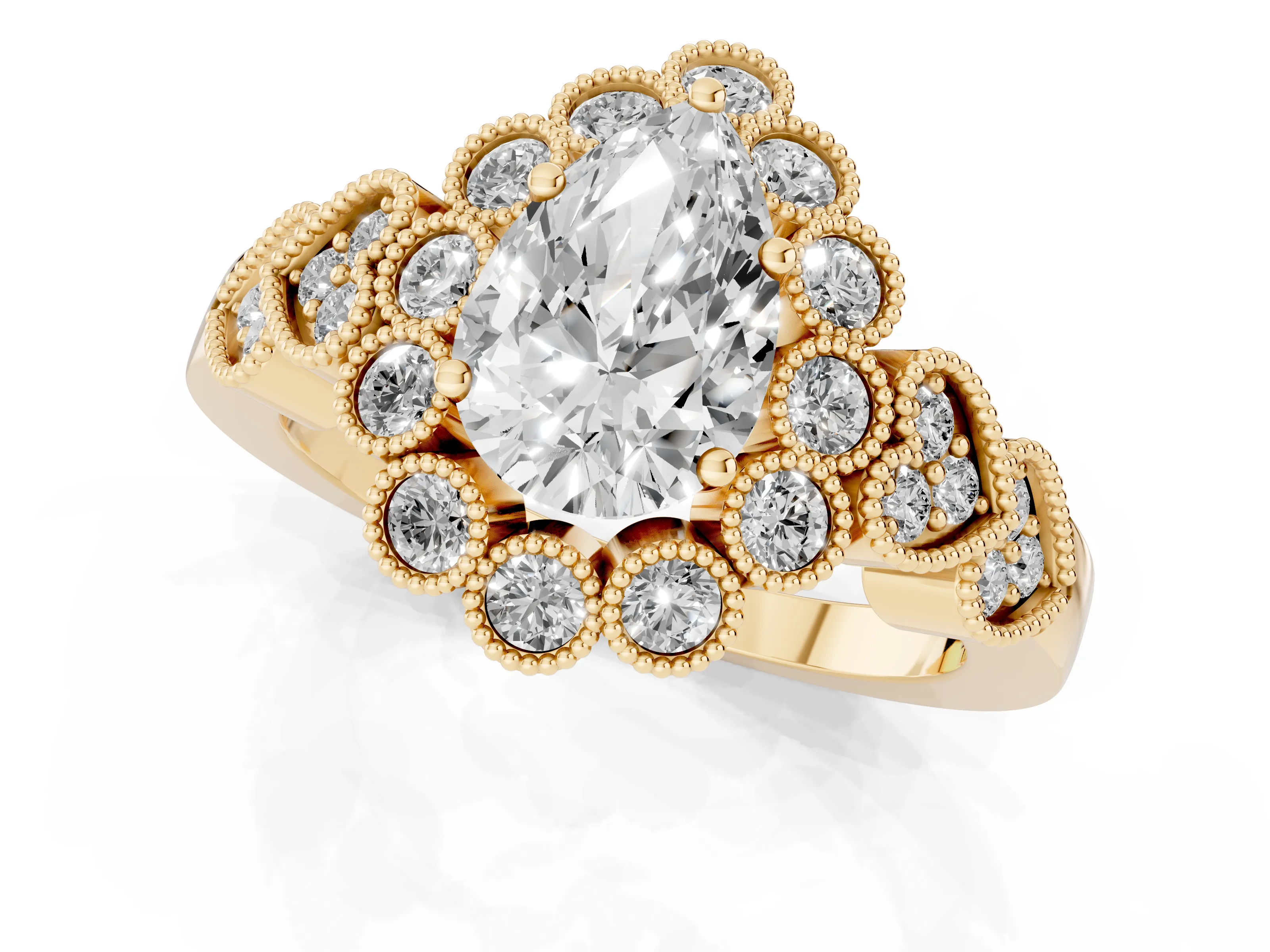 Pear Cut Diamond Solitaire Ring Set in Yellow gold with Milgrain Pavé Heart Band – second view