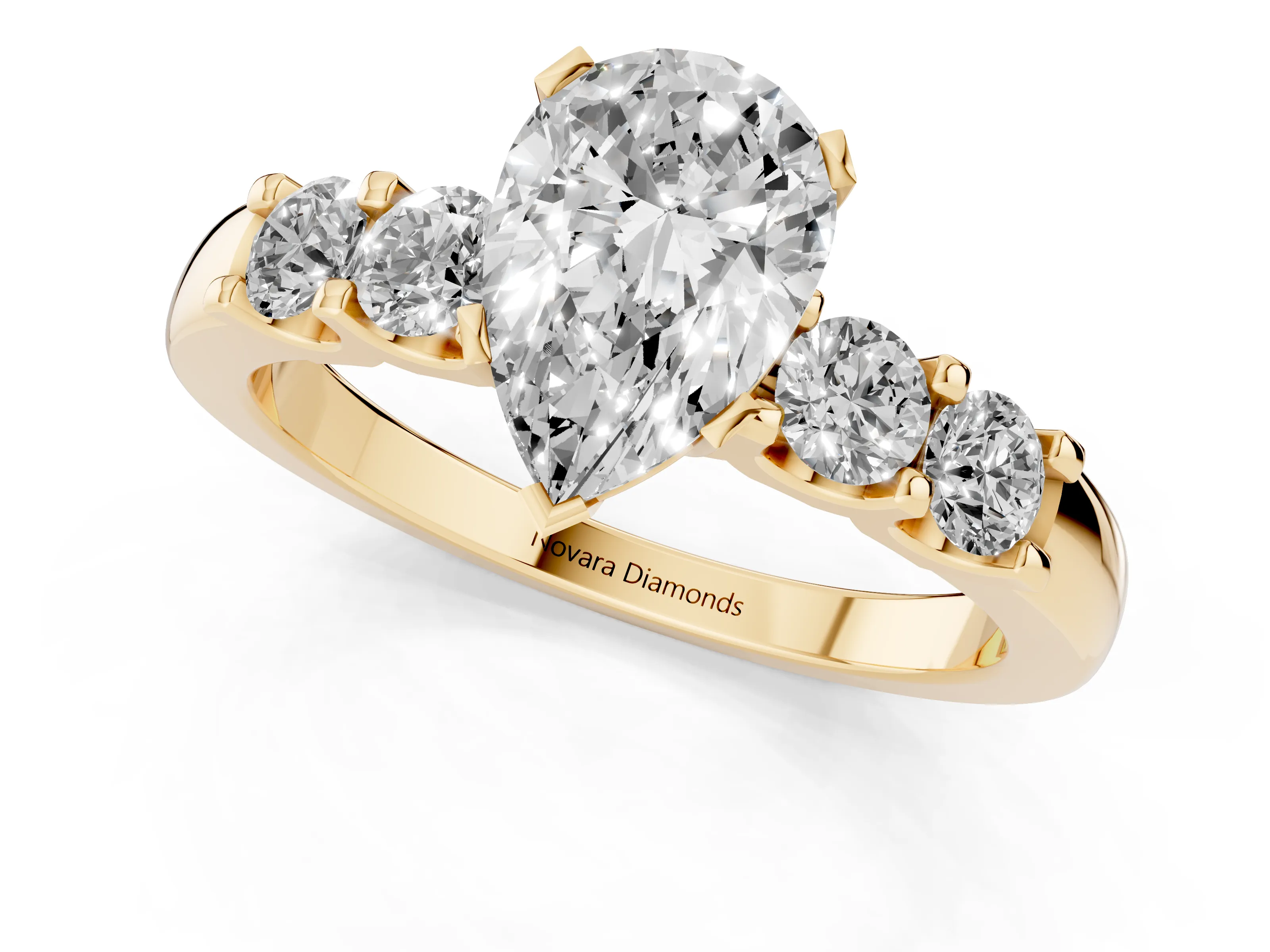 Pear Cut Diamond Five-Stone Prong Set Engagement Ring Set in Yellow gold with Channel Band