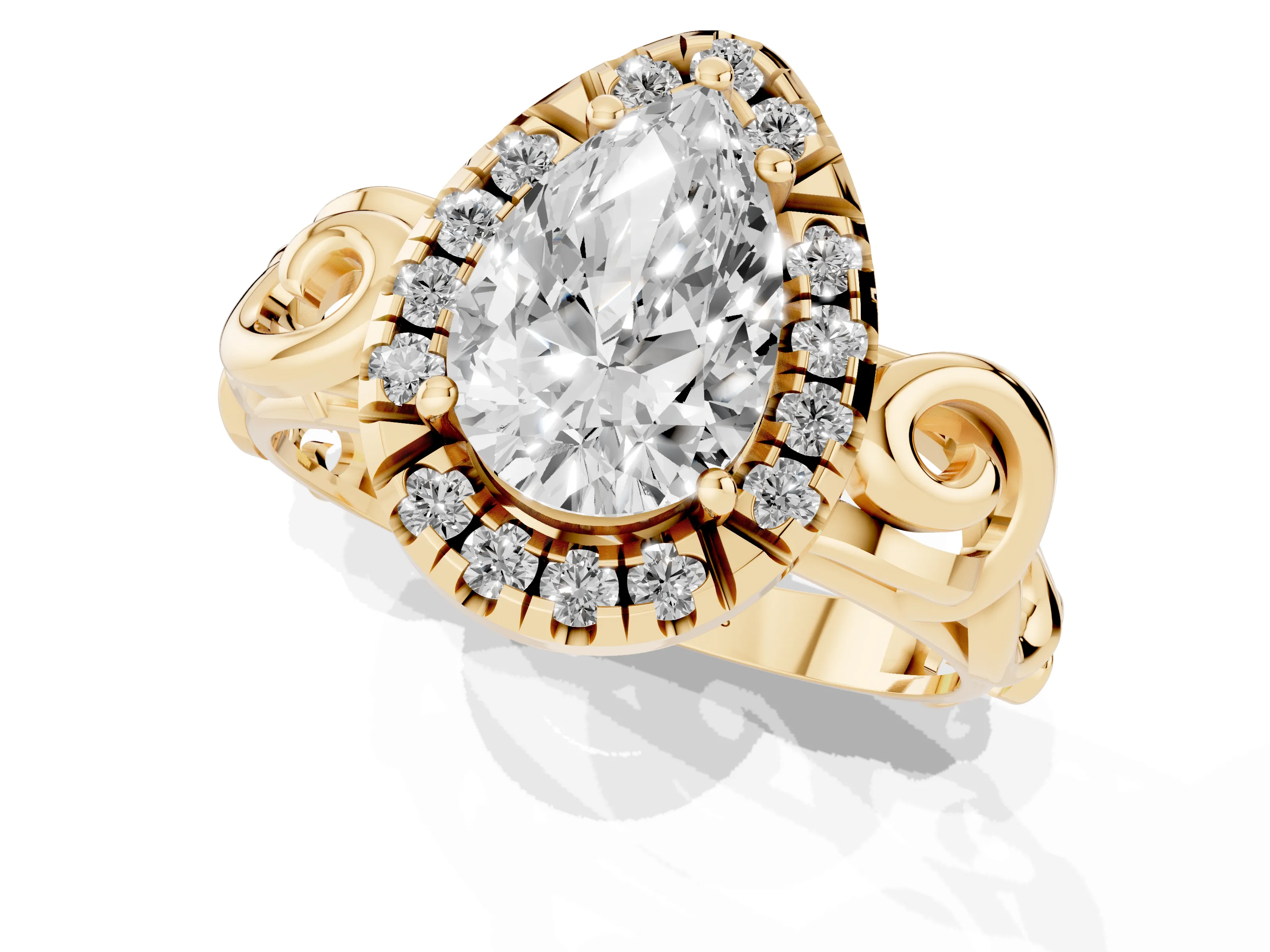 Pear Cut Diamond Halo Ring Set in Yellow gold with Scrollwork Band and Prong Setting
