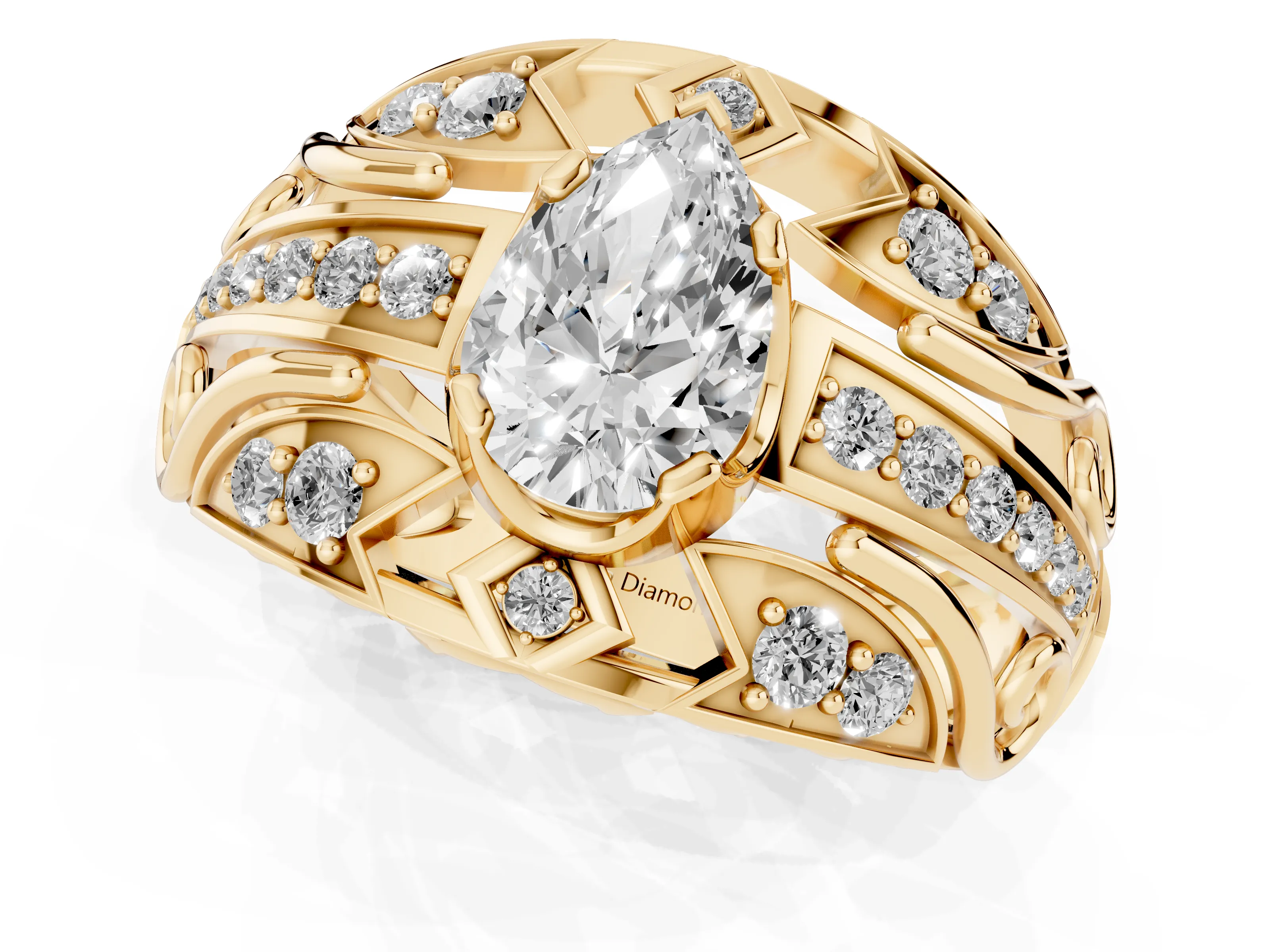 Pear Cut Diamond Art Deco Ring Set in Yellow gold with Pavé Split Shank