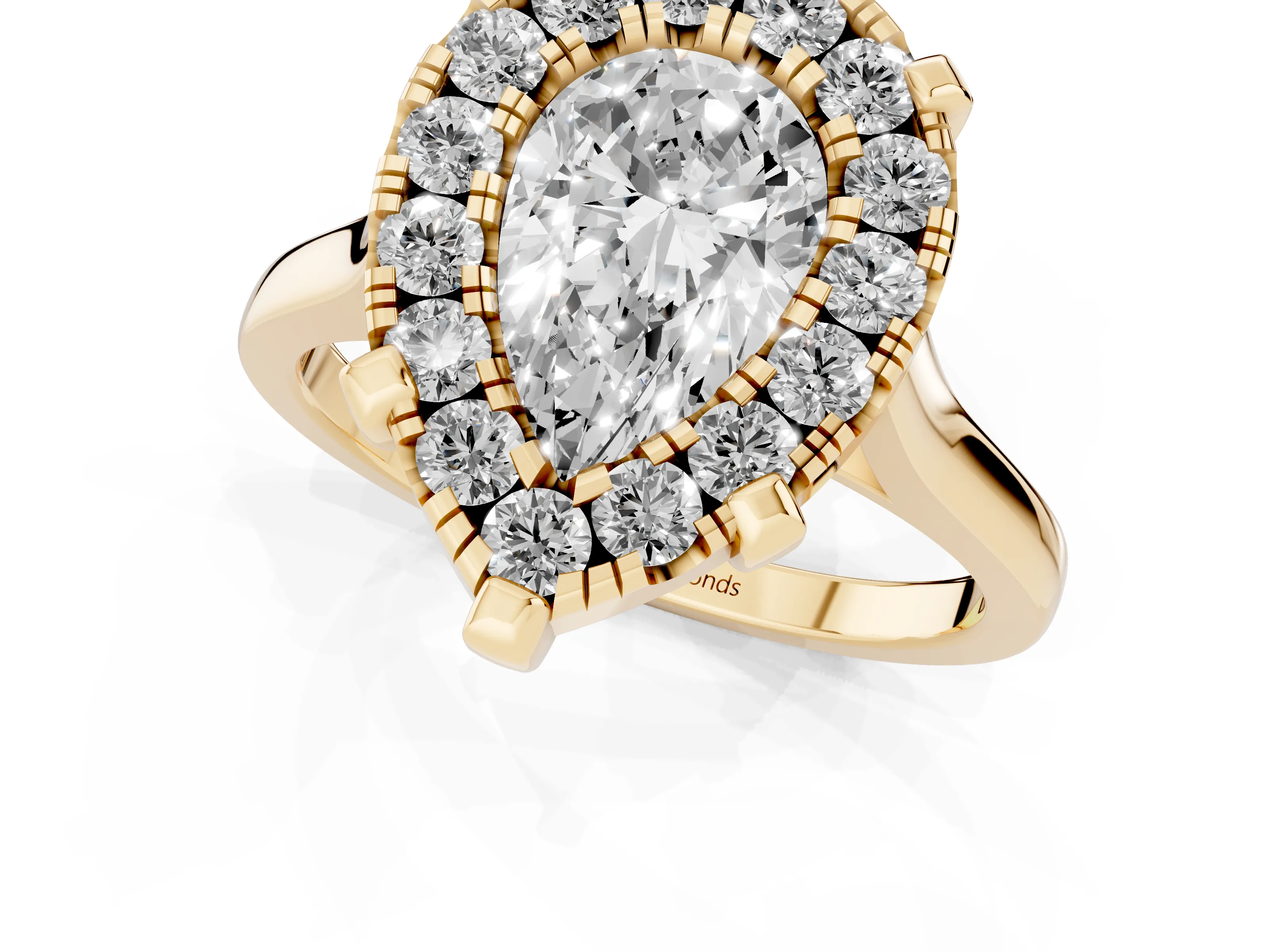 Pear Cut Diamond Cluster Halo Solitaire Ring Set in Yellow gold with Prong Setting