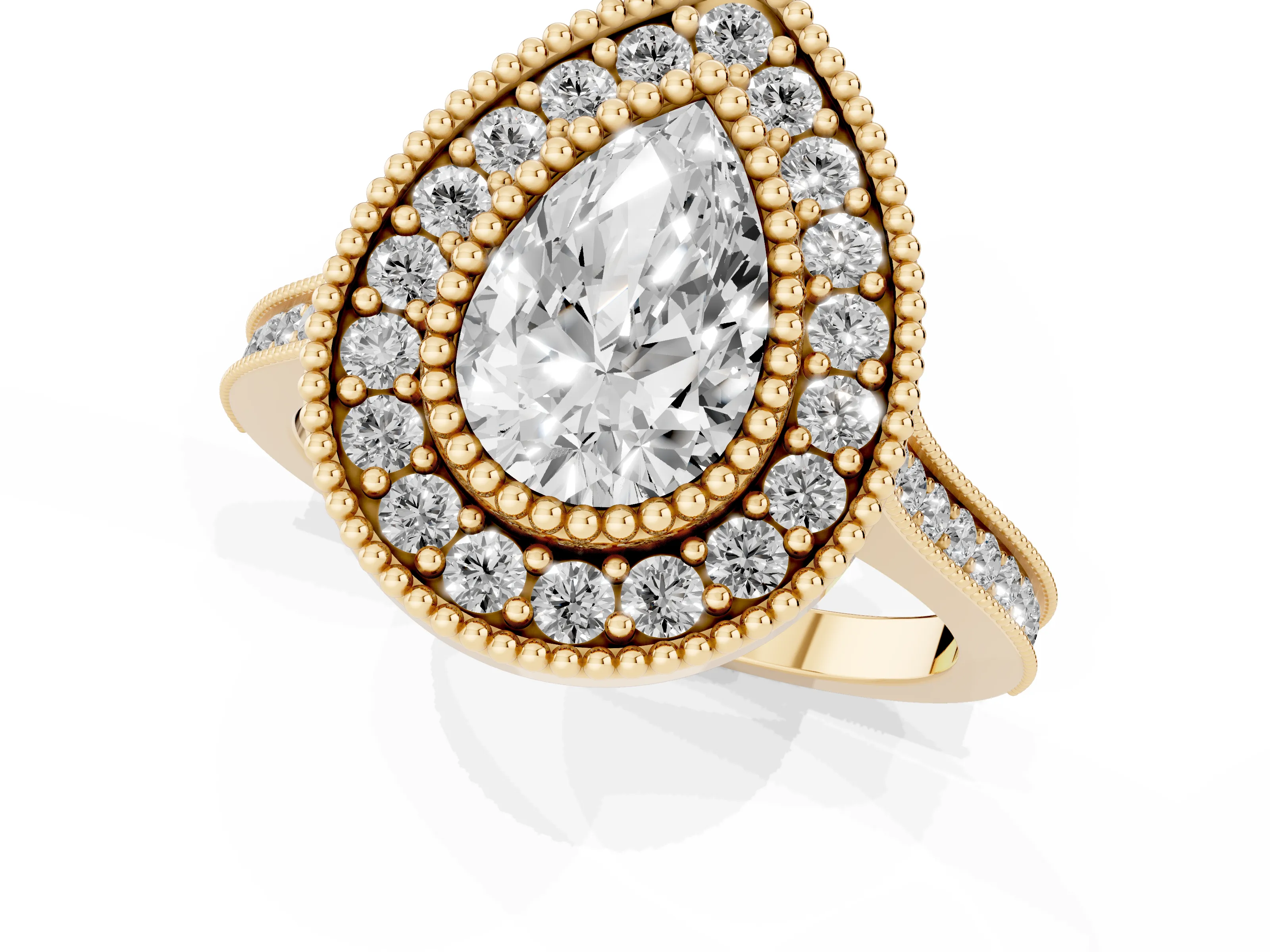 Pear Cut Diamond Halo Ring Set in Yellow gold with Milgrain Frame and Pavé Band