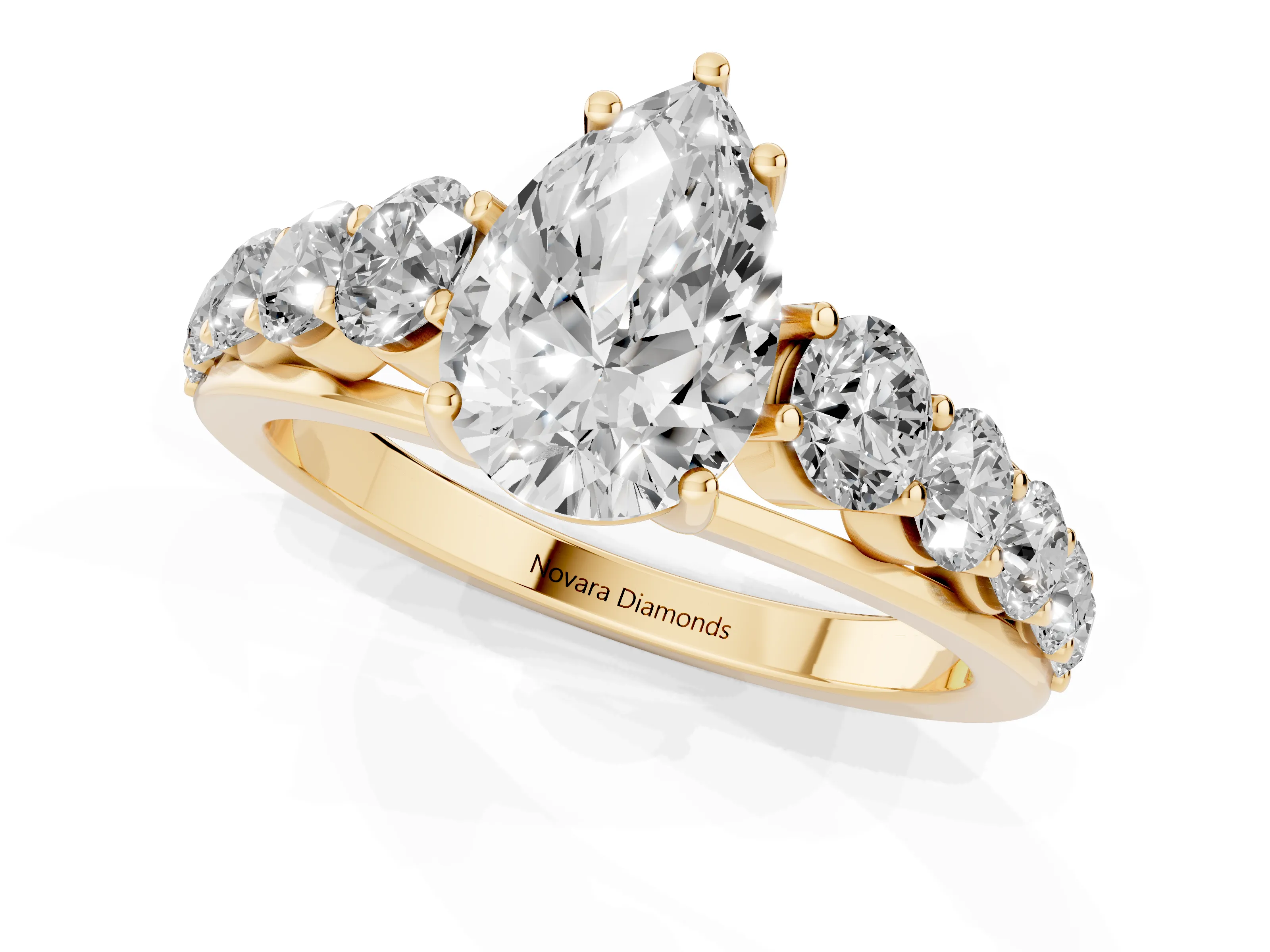 Pear Cut Diamond Solitaire Ring Set in Yellow gold with Pavé-Set Band and Prong Setting