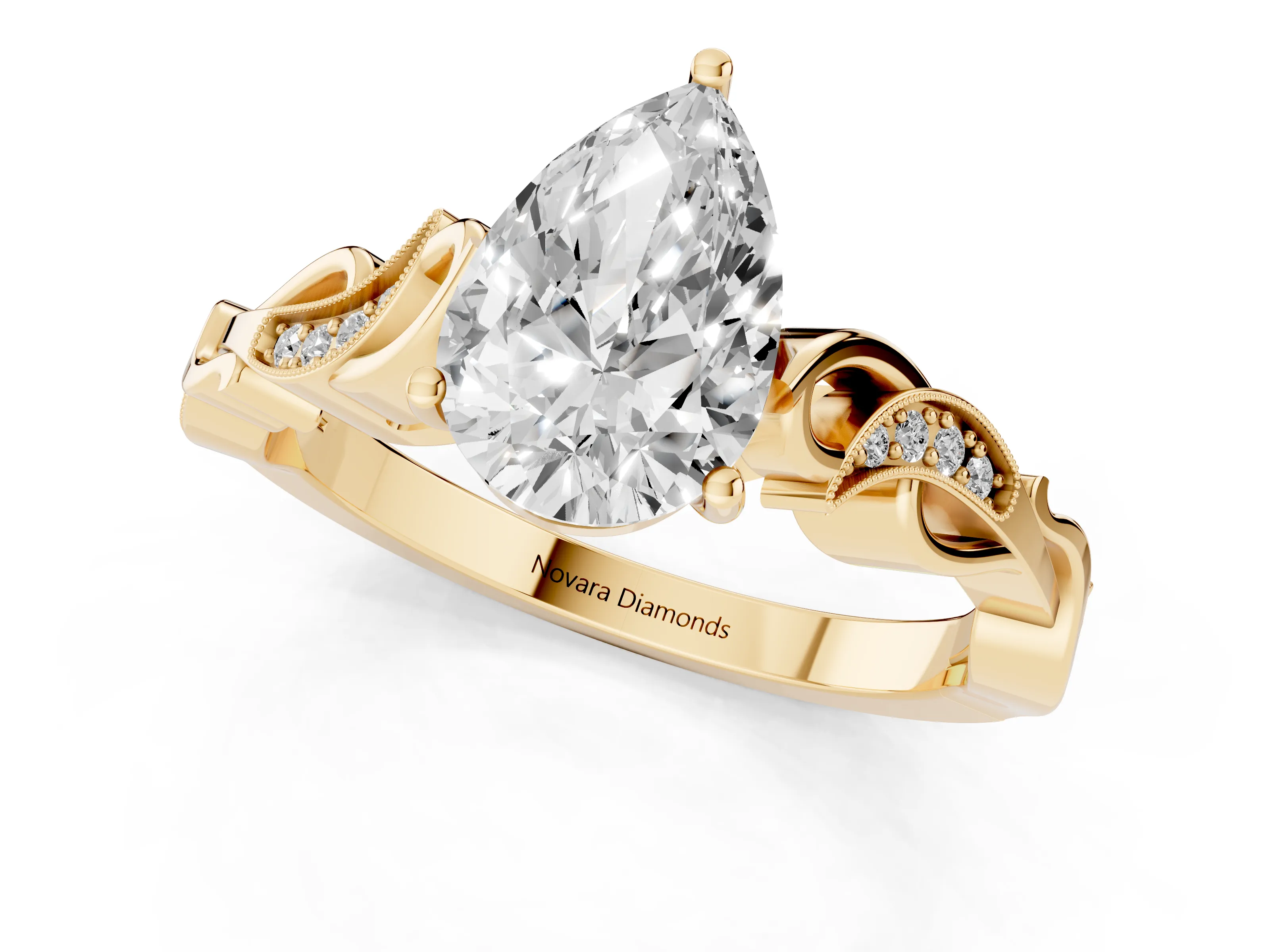 Pear Cut Diamond Vine Band Solitaire Ring Set in Yellow gold with Milgrain Prong Setting