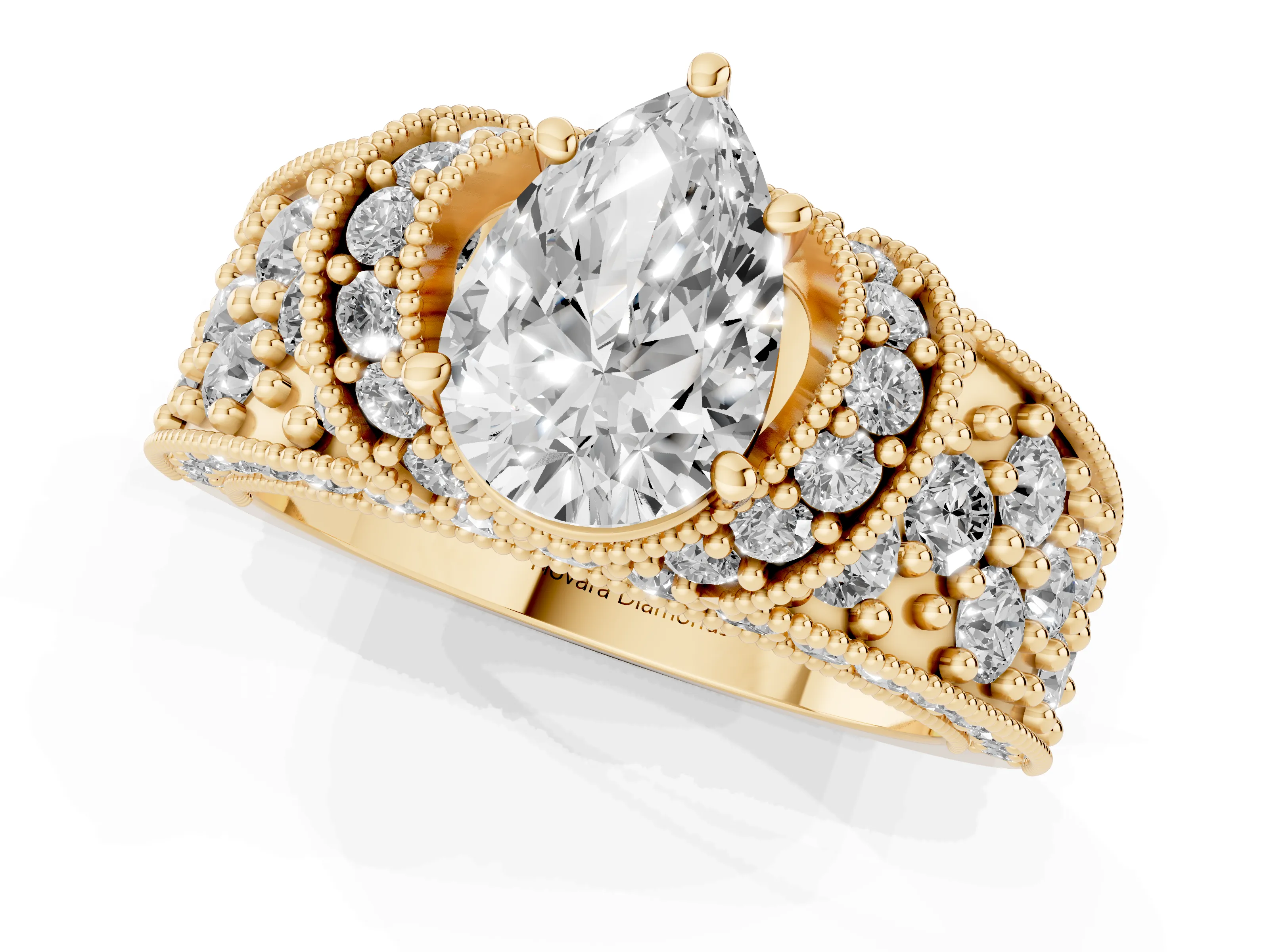 Pear Cut Diamond Milgrain Halo Pavé Engagement Ring Set in Yellow gold with Prong Setting