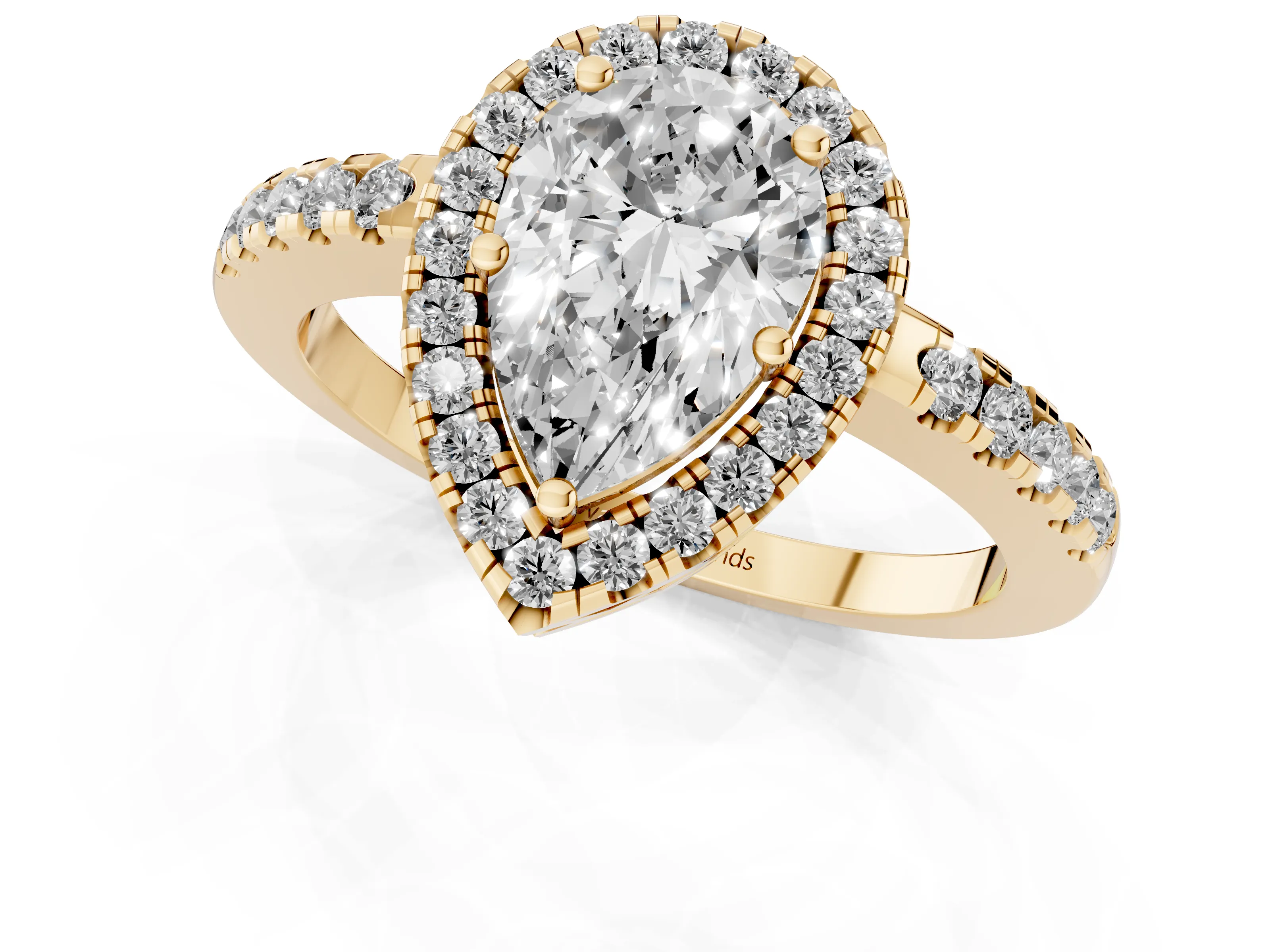 Pear Cut Diamond Pavé Band Halo Engagement Ring Set in Yellow gold with Prong Setting – second view