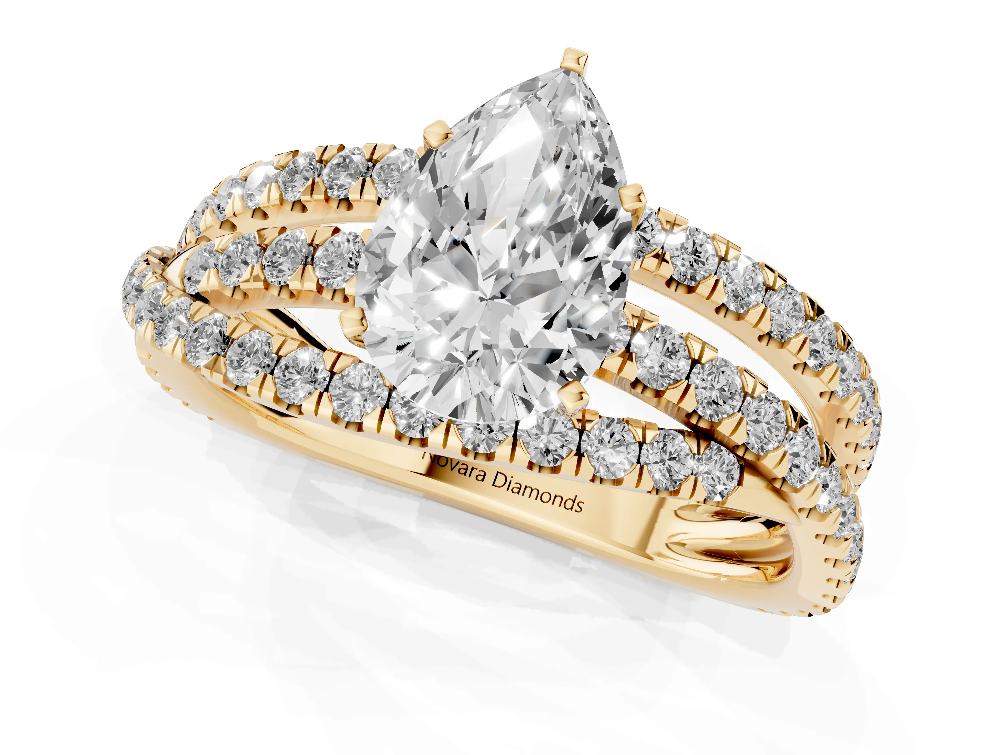 Pear Cut Diamond Solitaire Twist Band Ring Set in Yellow gold with Pavé Setting and Prong Head