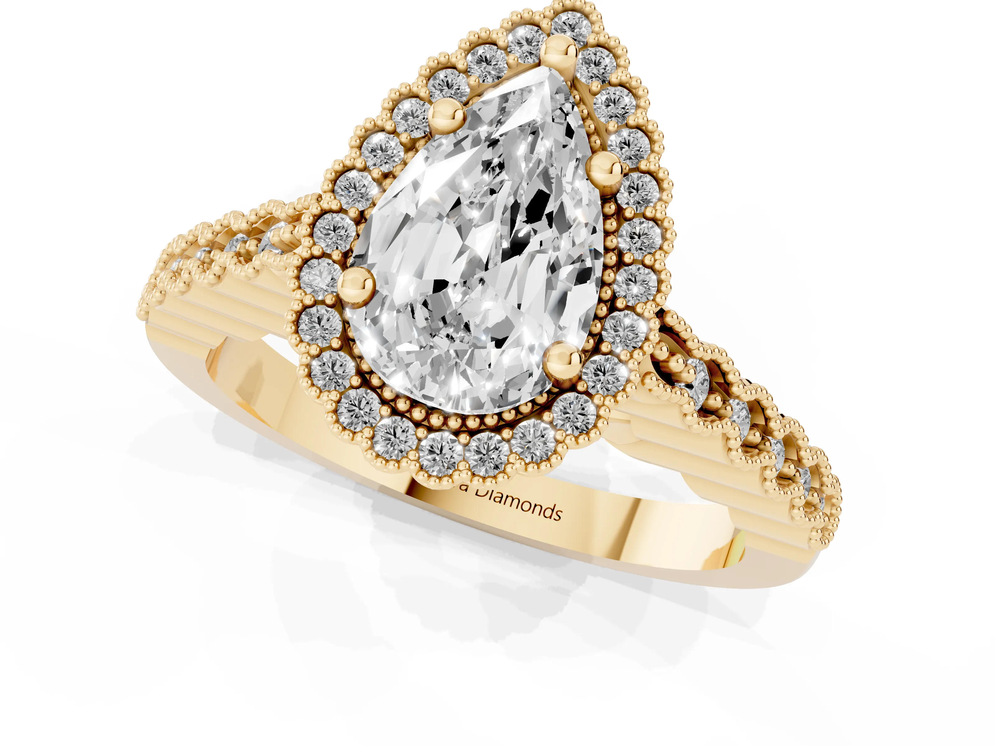 Pear Cut Diamond Halo Ring Set in Yellow gold with Pavé Milgrain Band