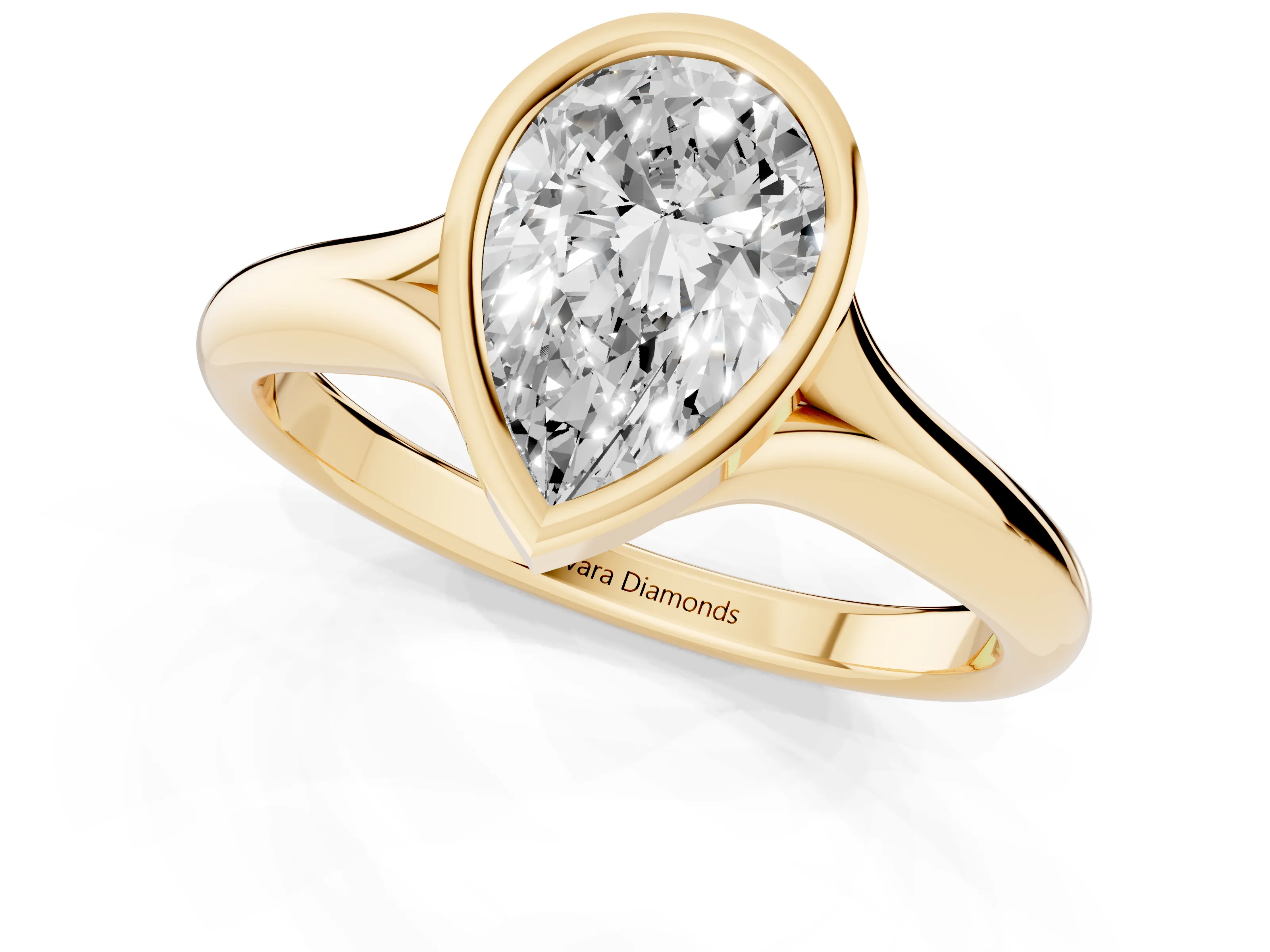 Bezel Set Pear Cut Diamond Solitaire Ring Set in Yellow gold with Smooth Band
