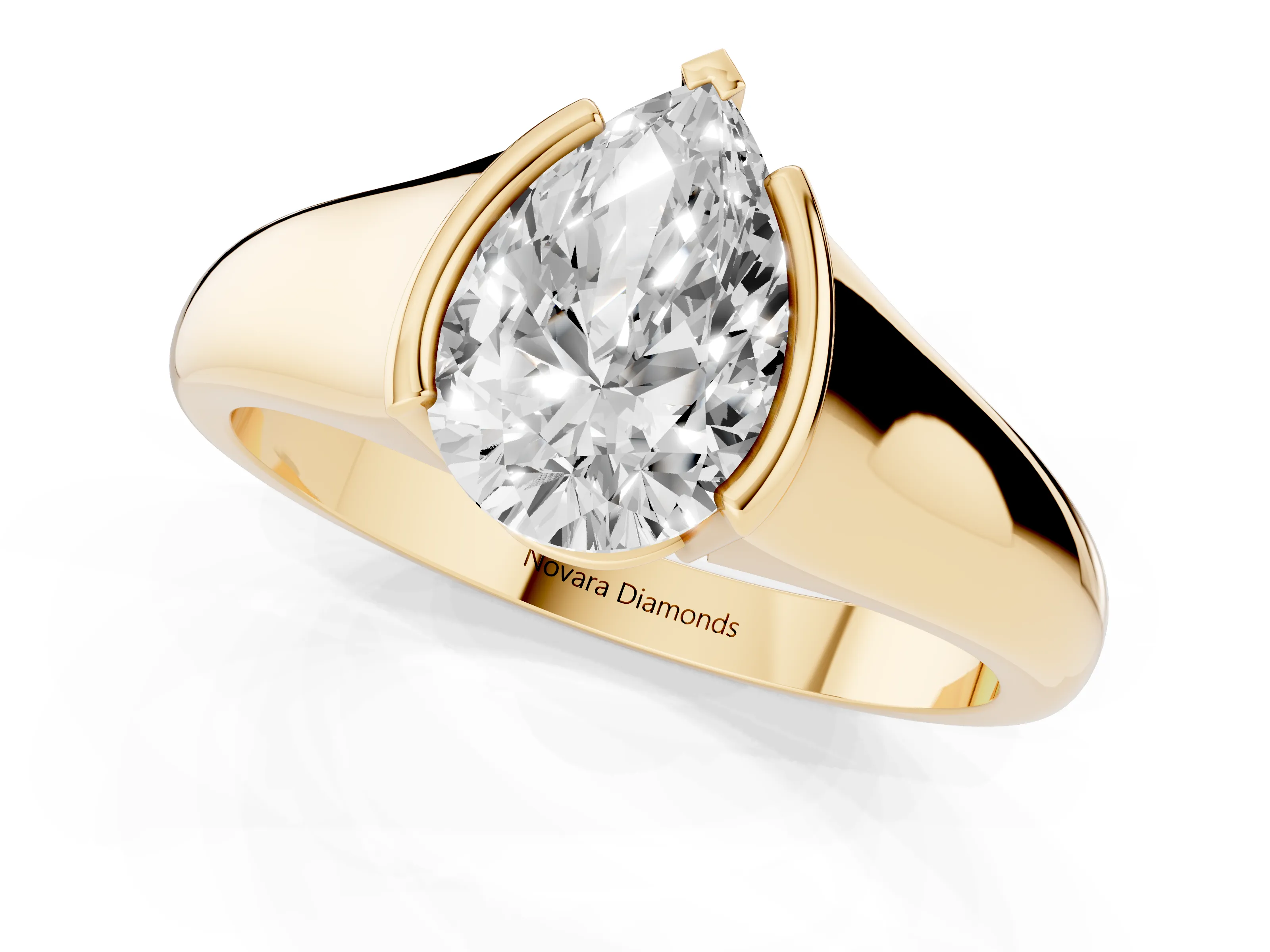 Pear Cut Diamond Solitaire Tension Set Ring Set in Yellow gold with Split Shank Band