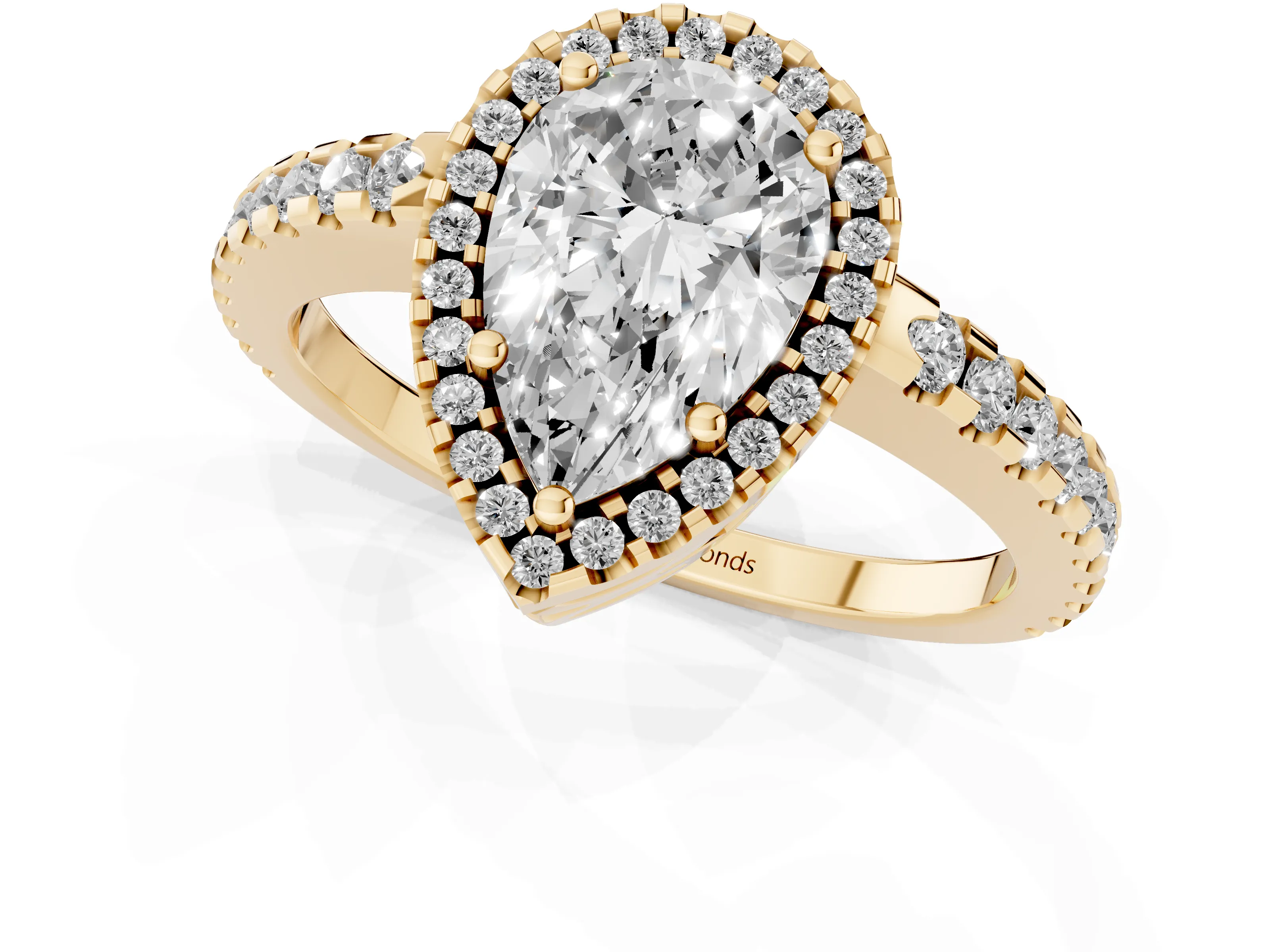 Pear Cut Diamond Halo Ring Set in Yellow gold with Pavé Shoulders and Halo-Framed Center