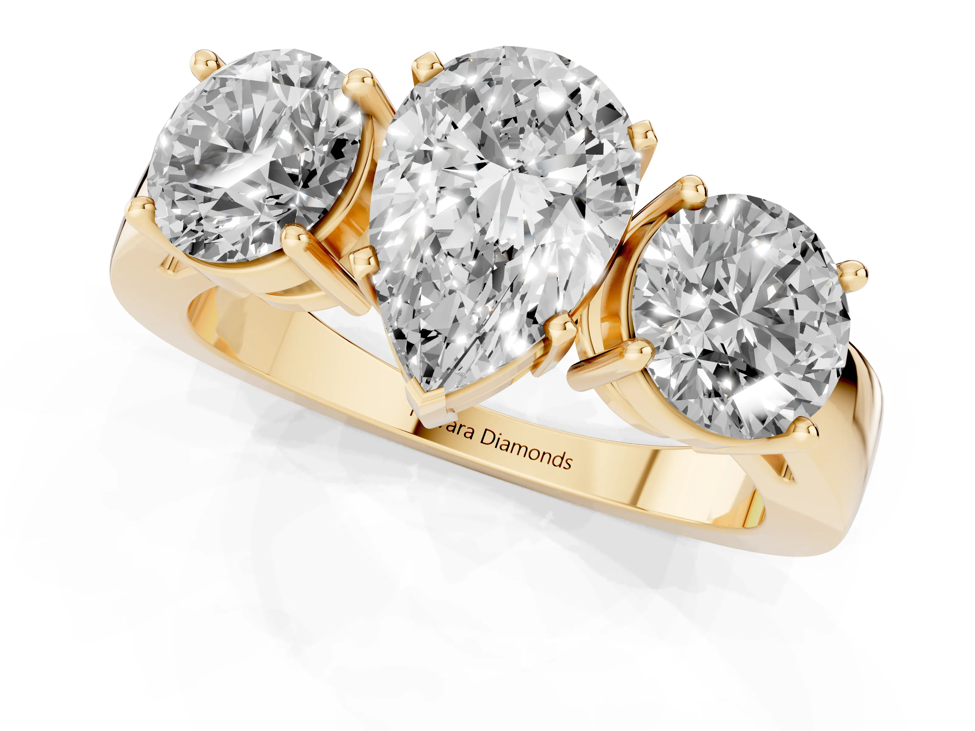Pear Cut Diamond Three-Stone Ring Set in Yellow gold with Round Side Stones and Classic Band