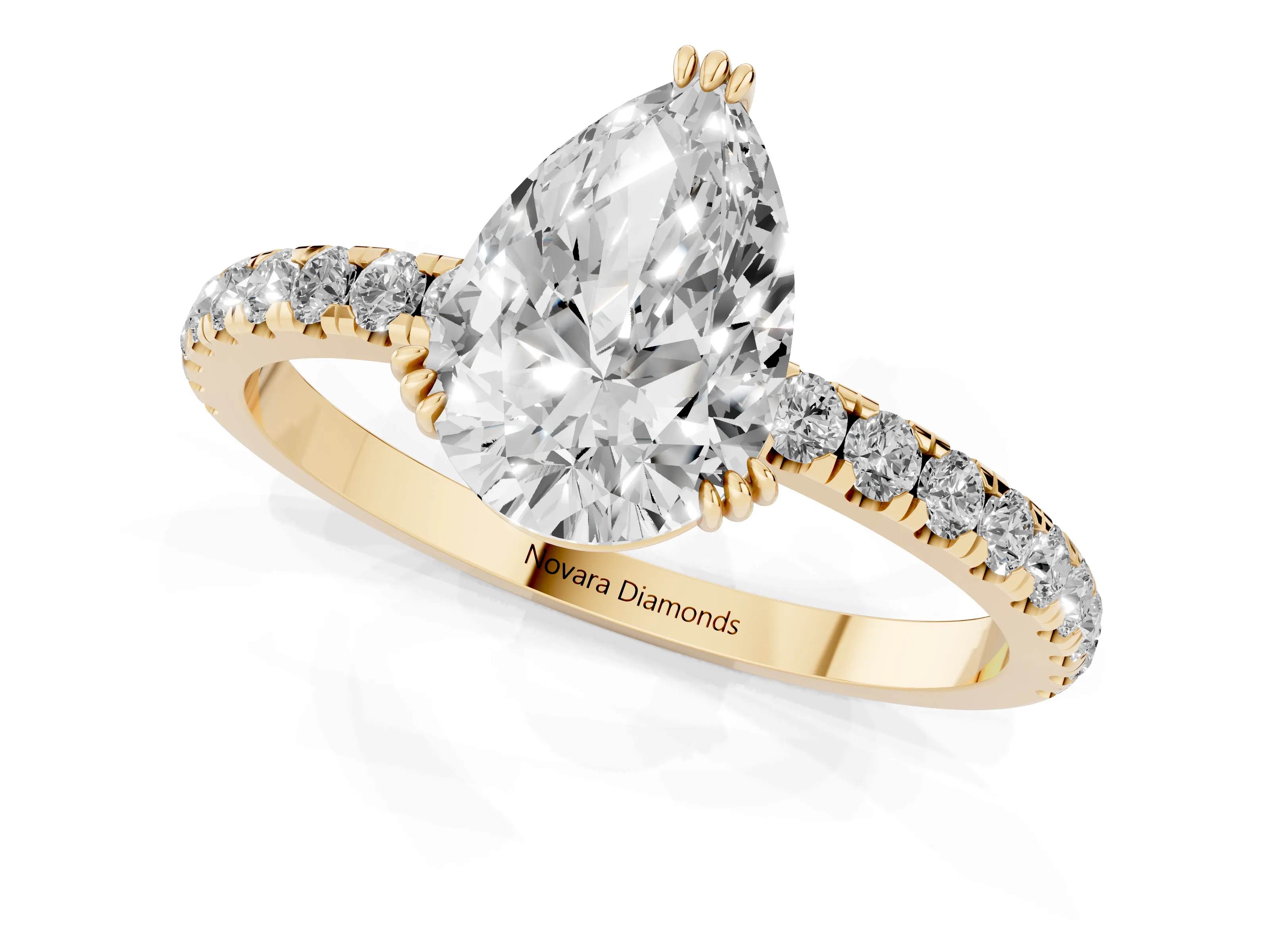 Pear Cut Diamond Brilliant Solitaire Set in Yellow gold with Pavé Band and Claw Prong Setting – second view