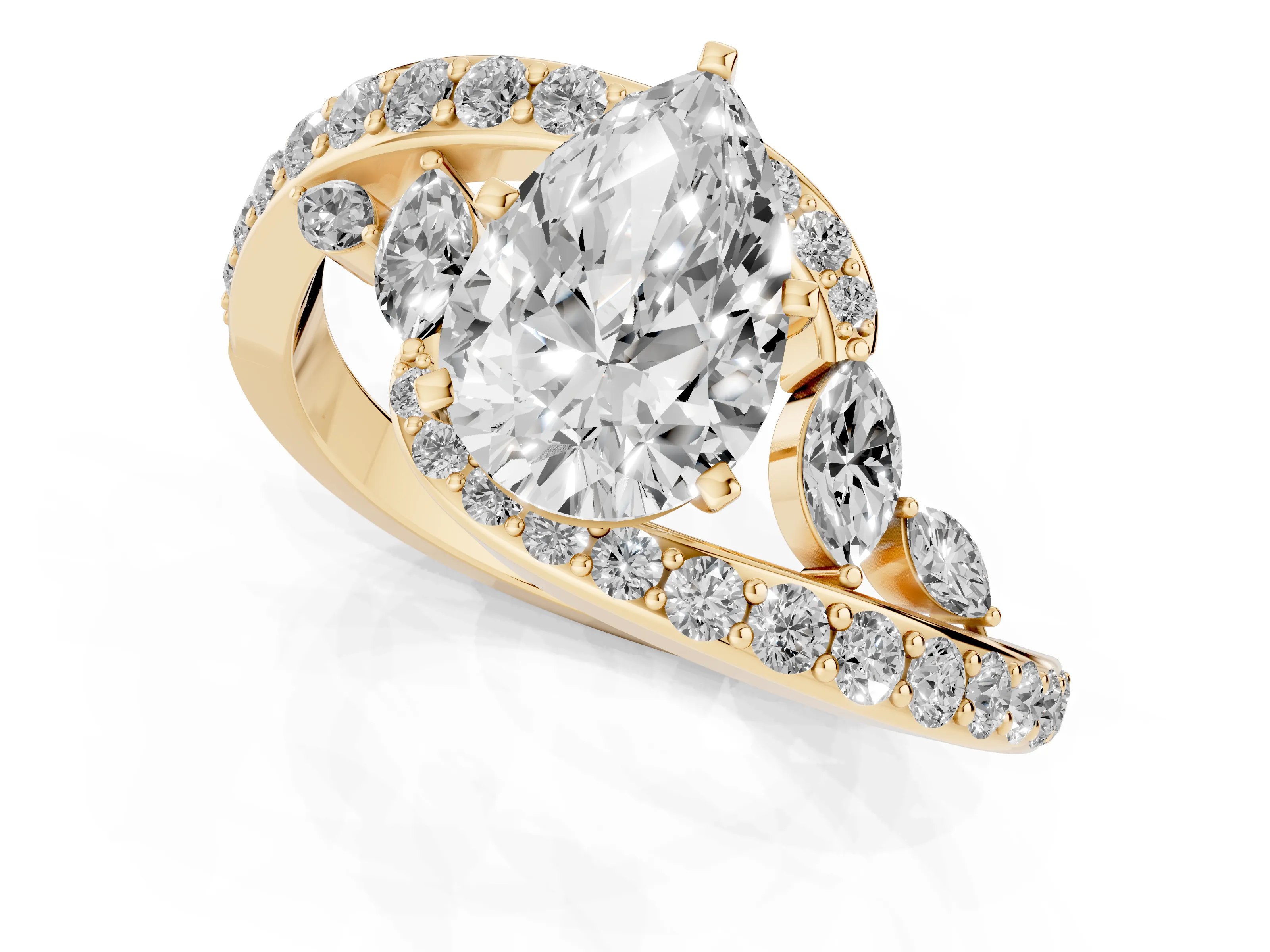 Pear Cut Diamond Solitaire Ring Set in Yellow gold with Pavé Twist Band and Secure Prong Setting