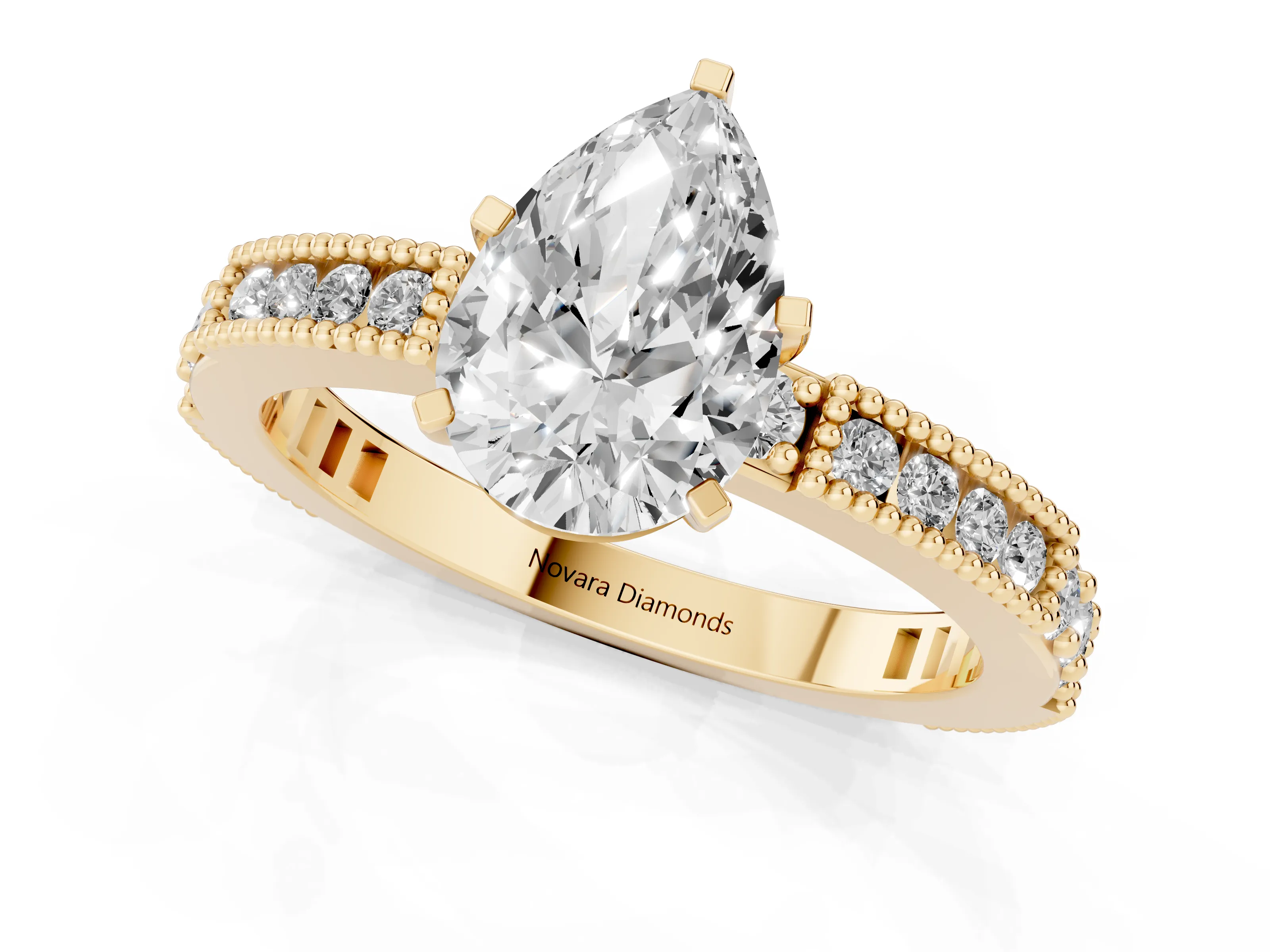 Pear Cut Diamond Solitaire Ring Set in Yellow gold with Slim Pavé Band and Prong Setting