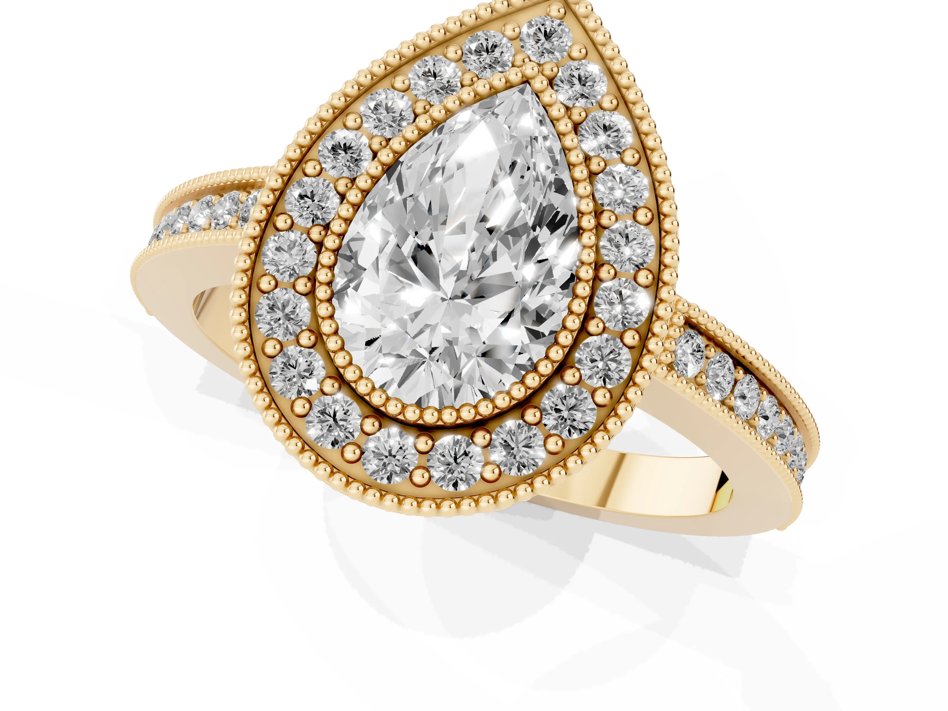 Pear Cut Diamond Halo Ring Set in Yellow gold with Pavé Band and Milgrain-Edged Prongs