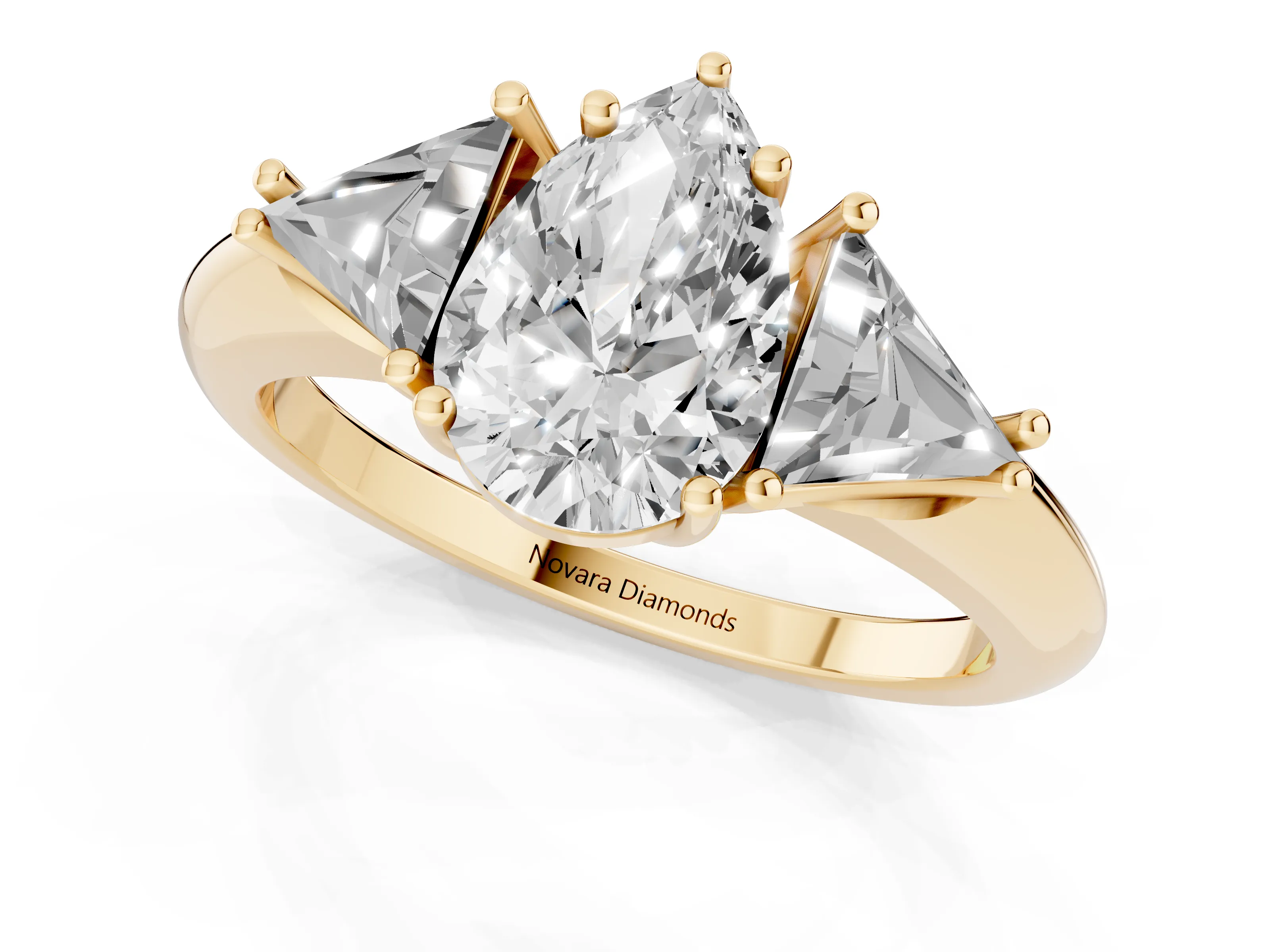 Pear Cut Diamond Three-Stone Engagement Ring Set in Yellow gold with Trillion Side Stones