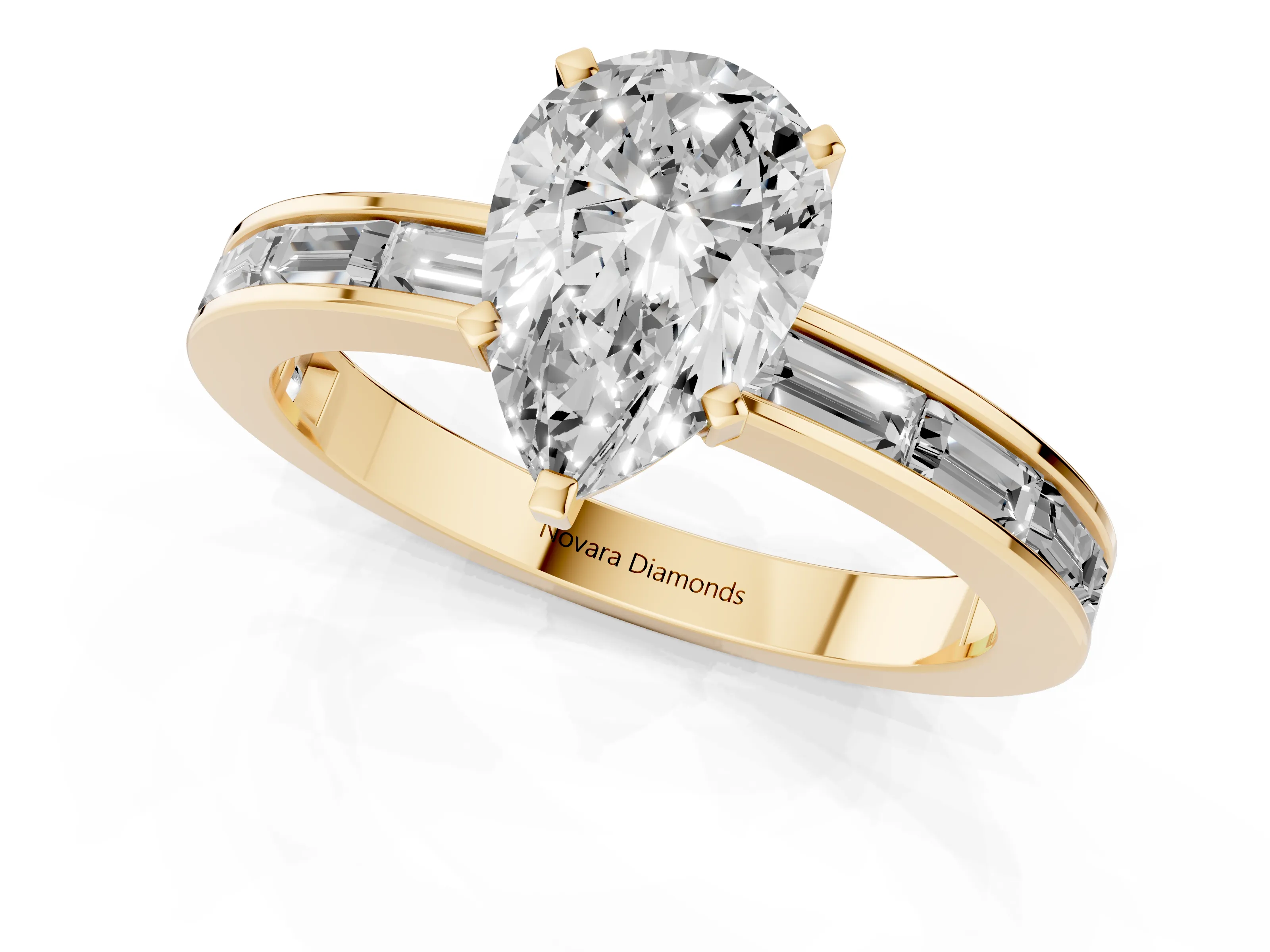 Pear Cut Diamond Solitaire Ring Set in Yellow gold with Channel-Set Baguette Band and Prong Setting