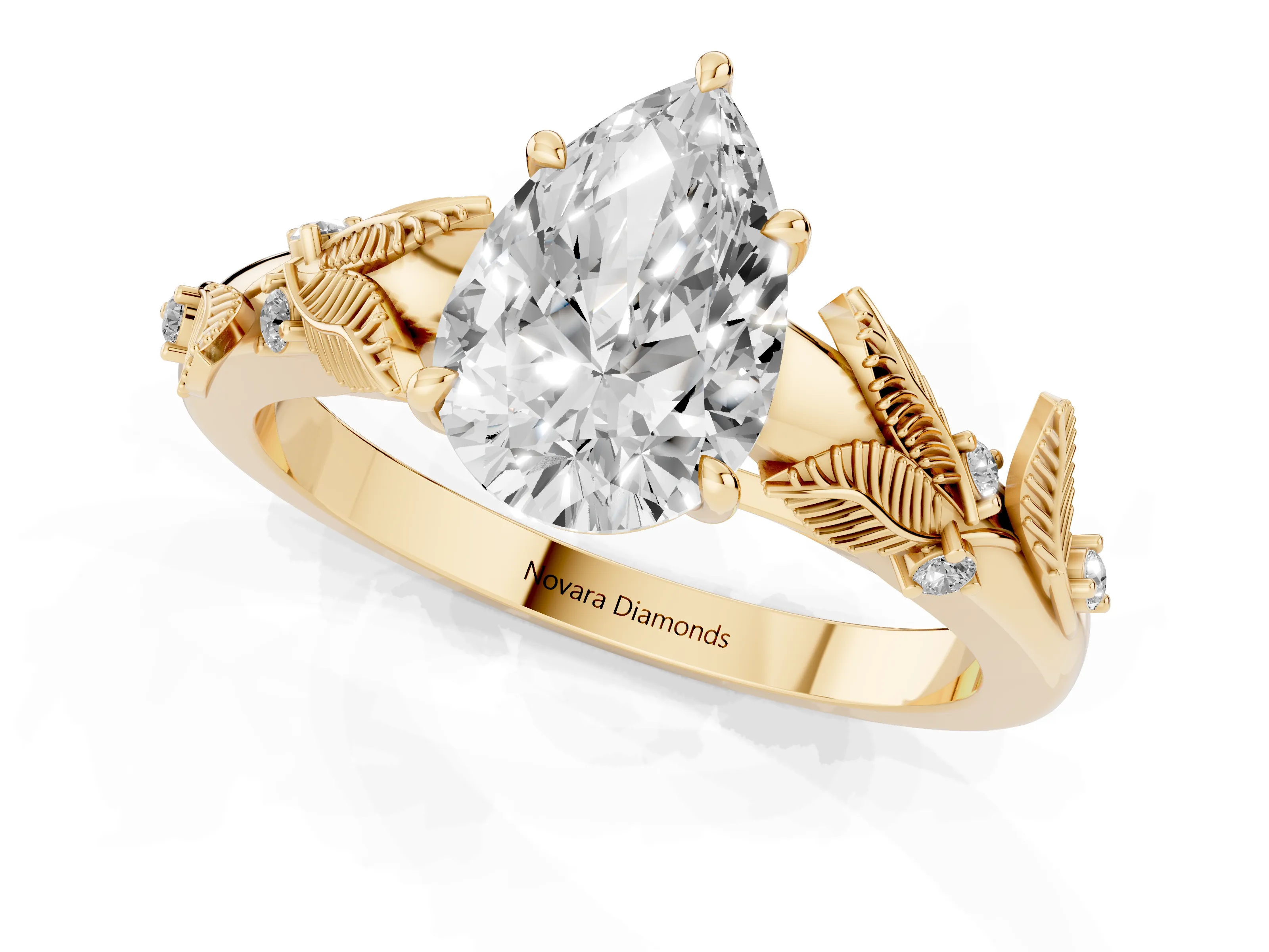 Pear Cut Diamond Solitaire Ring Set in Yellow gold with Leaf Motif Band – second view