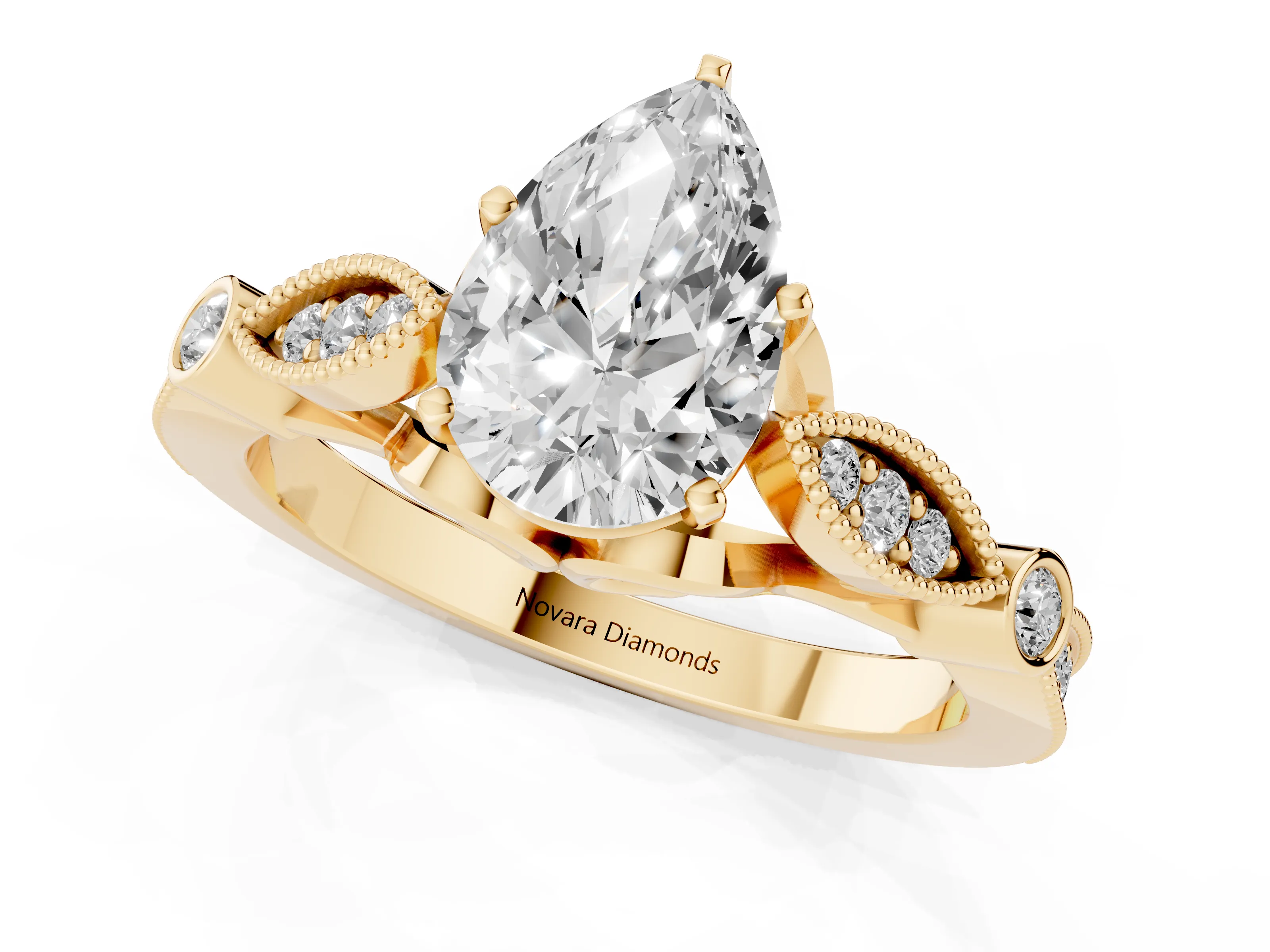 Pear Cut Diamond Solitaire Ring Set in Yellow gold with Milgrain Marquise and Bezel Accents