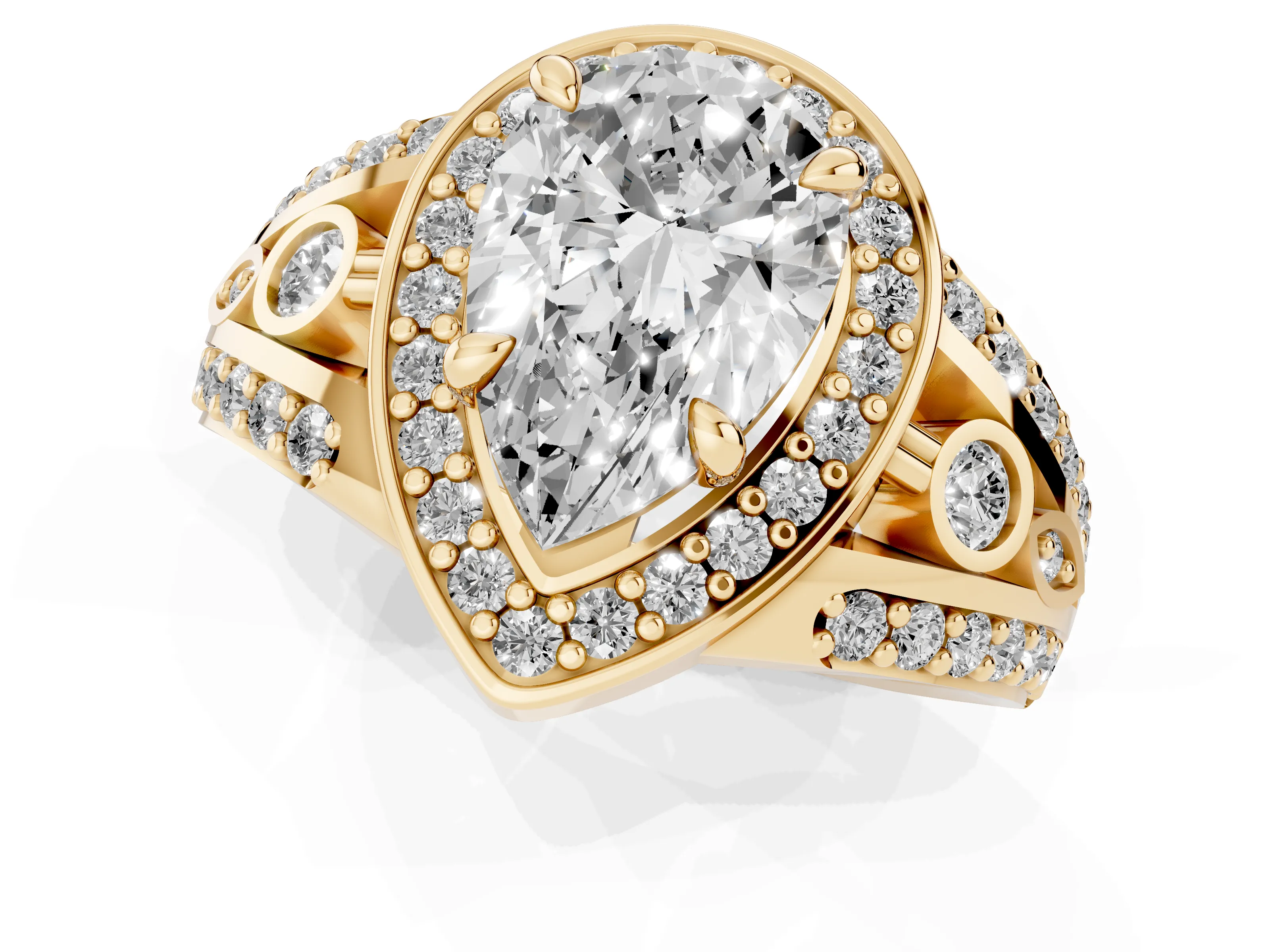 Pear Cut Diamond Halo Ring Set in Yellow gold with Pavé Split Shank and Bezel Accents