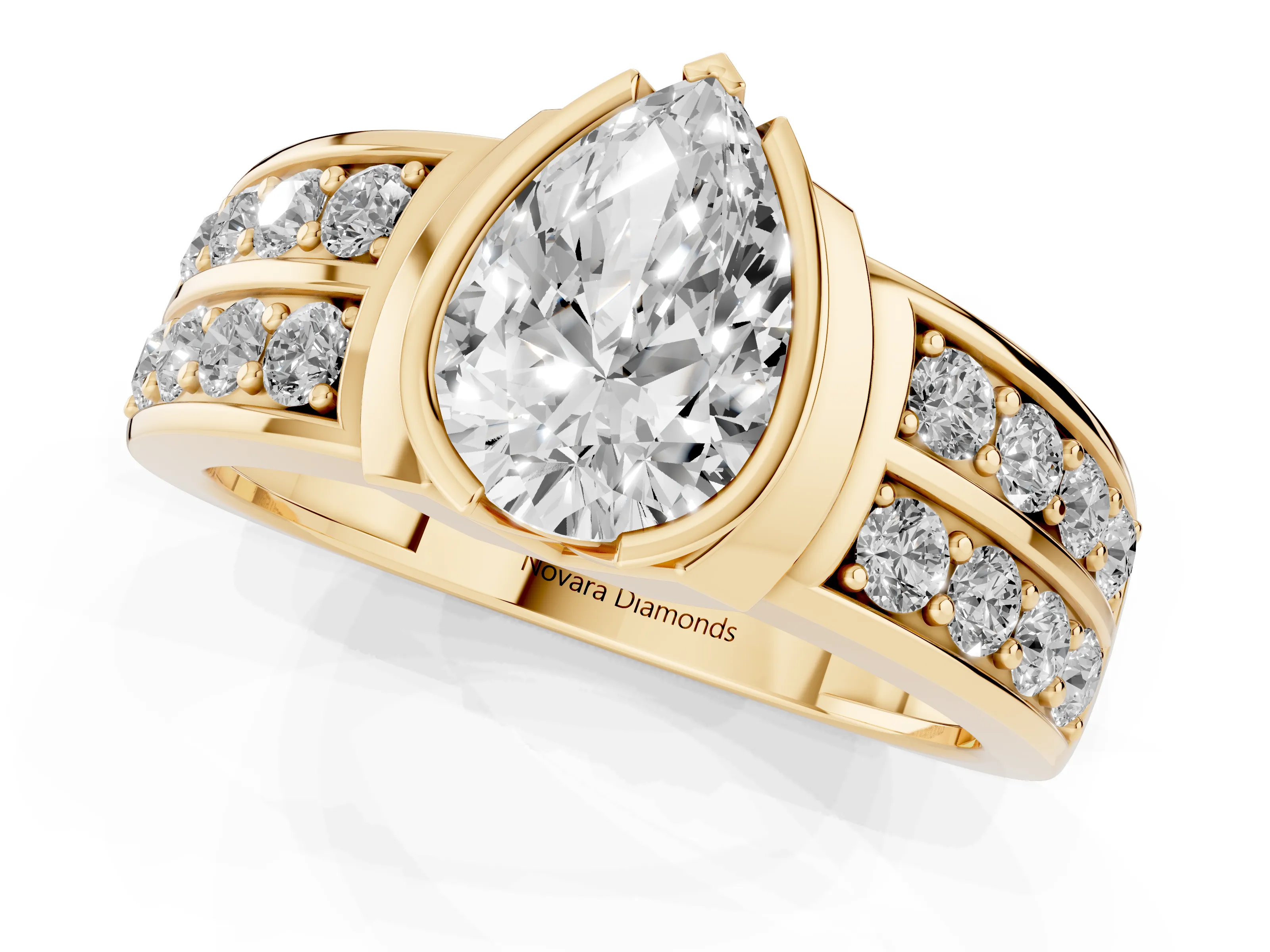 Pear Cut Diamond Wide Channel Set Band Ring Set in Yellow gold with Bezel Setting