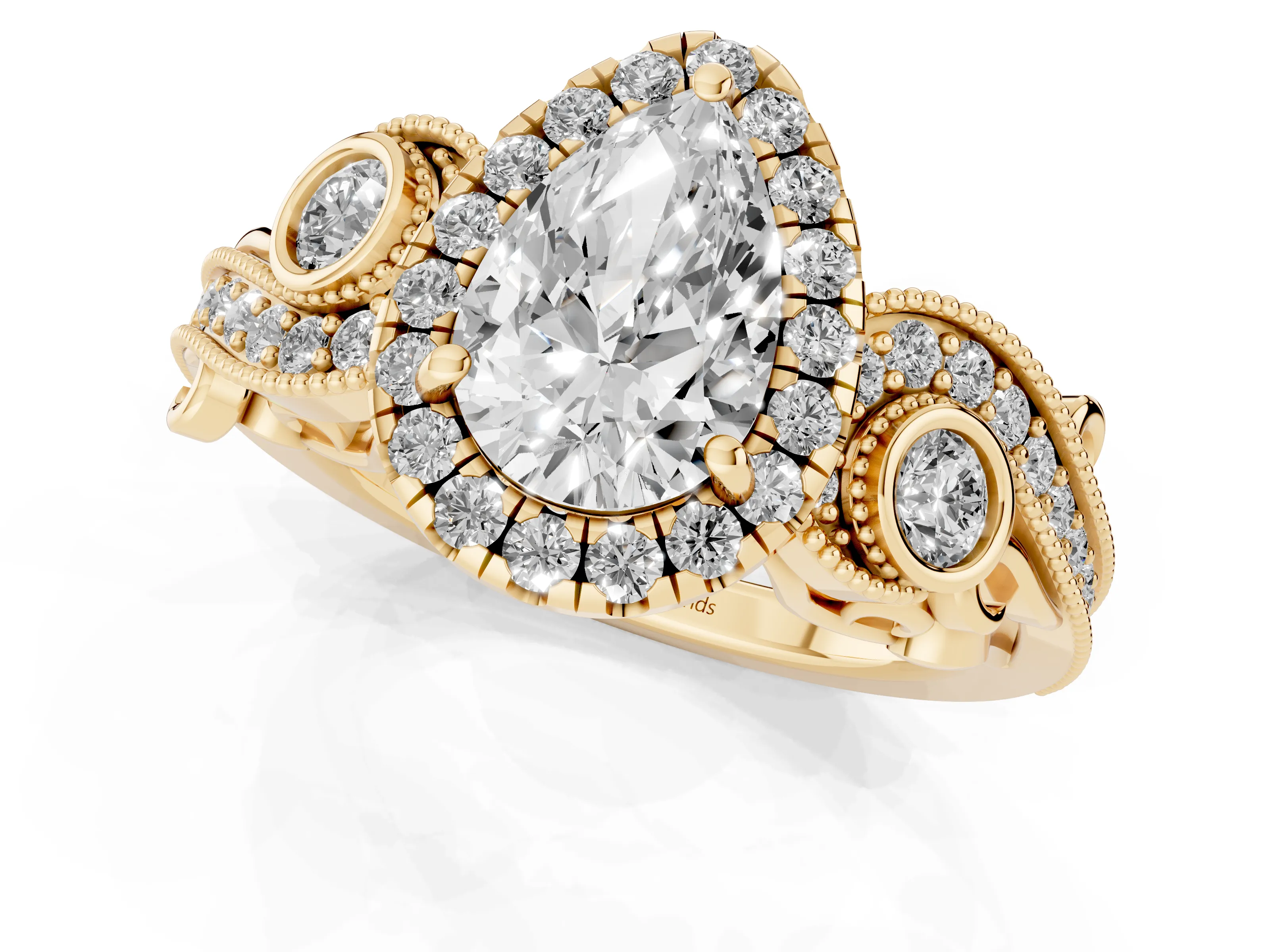 Pear Cut Diamond Halo Ring Set in Yellow gold with Milgrain Pavé Band and Prong Setting